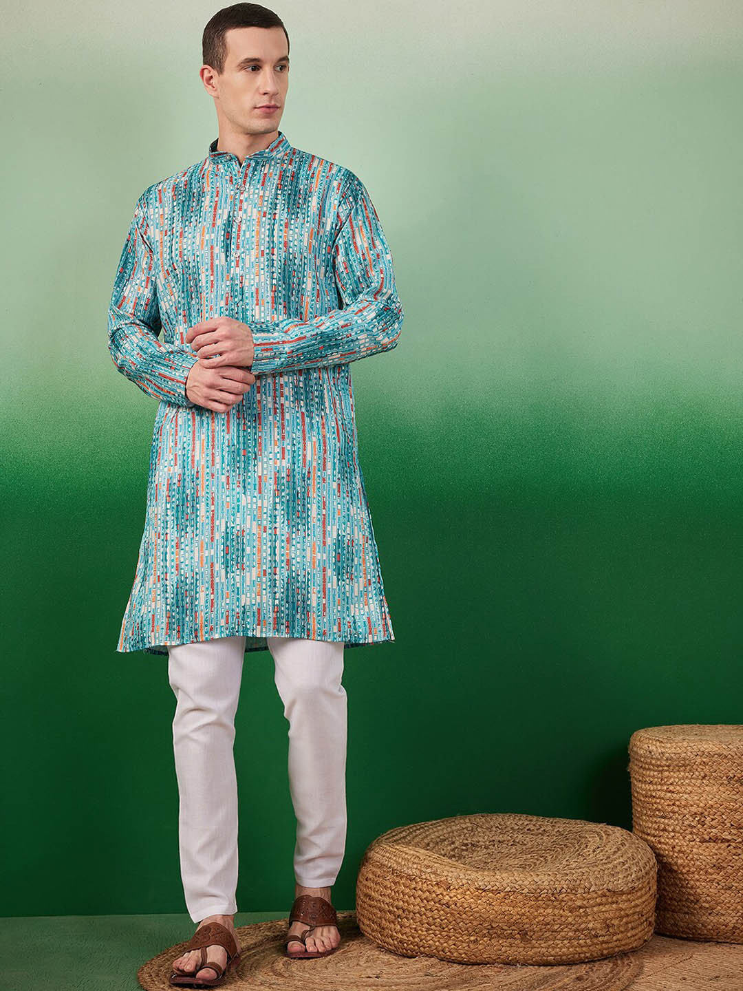 Sangria Digital Abstract Printed Band Collar Kurta With Pyjama