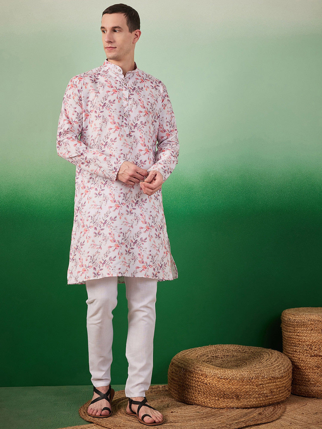 Sangria Digital Floral Printed Band Collar Kurta With Pyjama