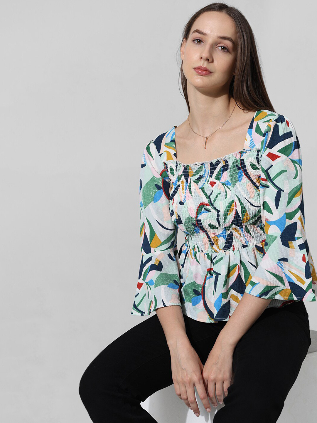 ONLY Tropical Printed Bell Sleeves Square Neck Smocked Peplum Top