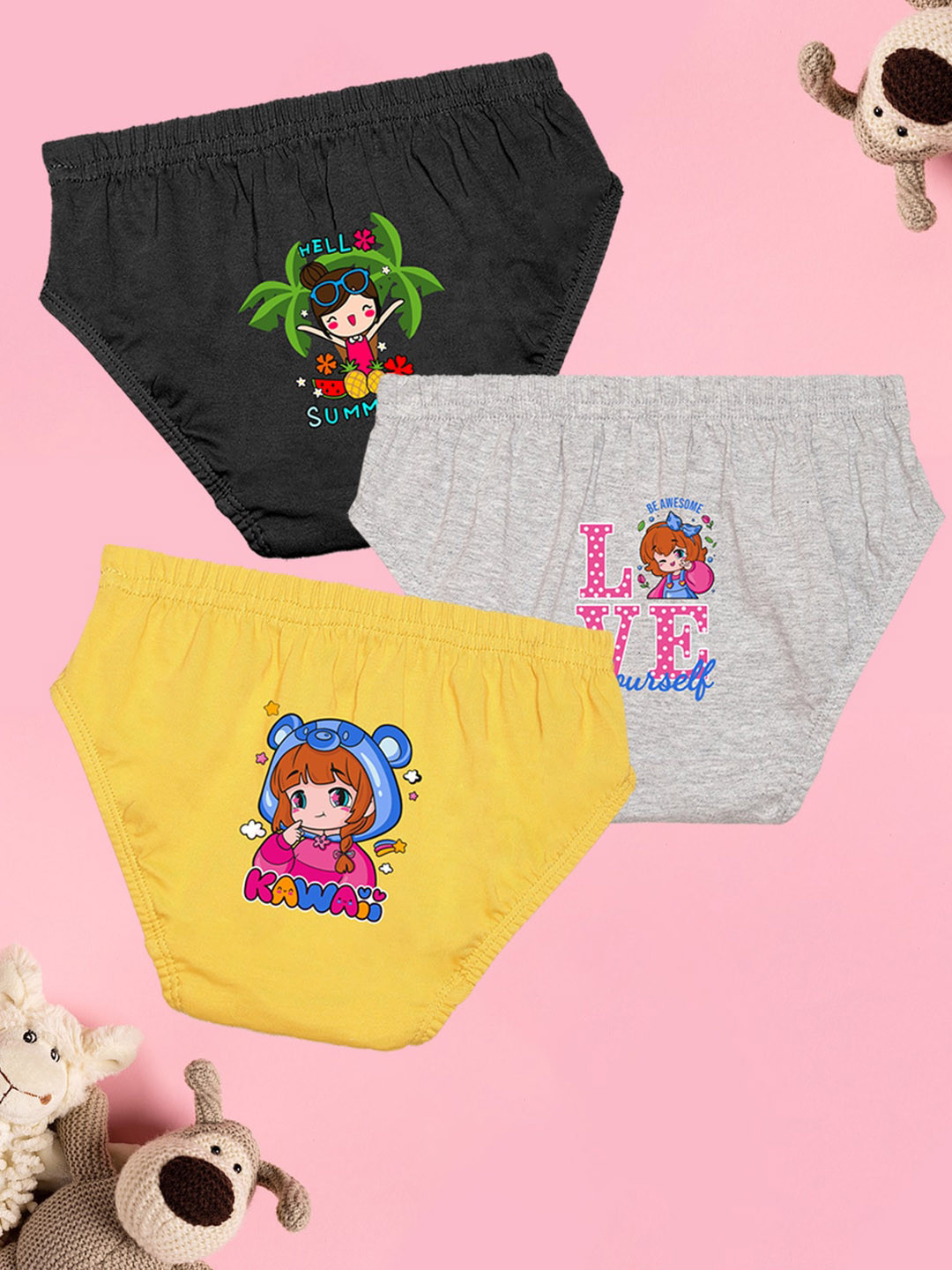 NUSYL Girls Pack Of 3 Graphic Printed Cotton Basic Briefs NUGCBRFPO3.0003