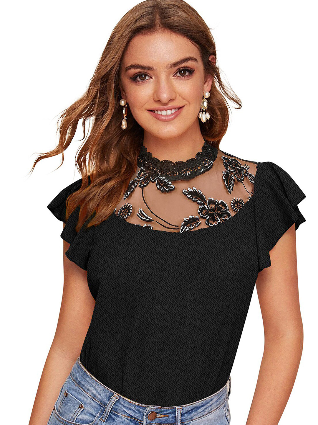 Sanwariya Silk Embroidered Flutter Sleeve Top