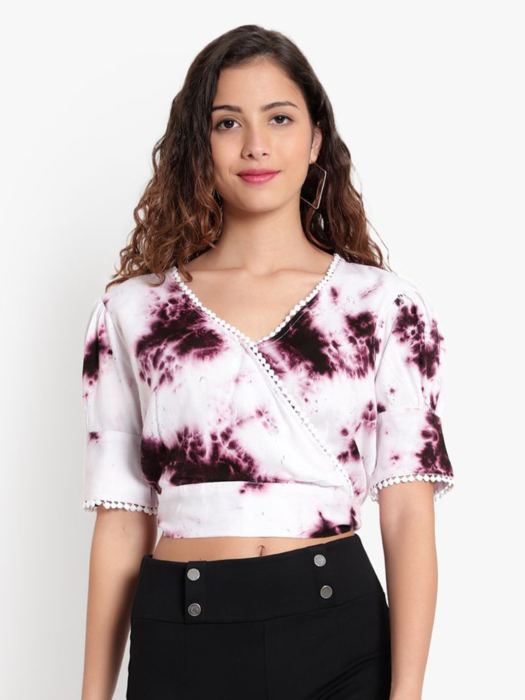 Indietoga Plus Size Purple Tie & Dye Regular Rayon Crop Wrap Tops