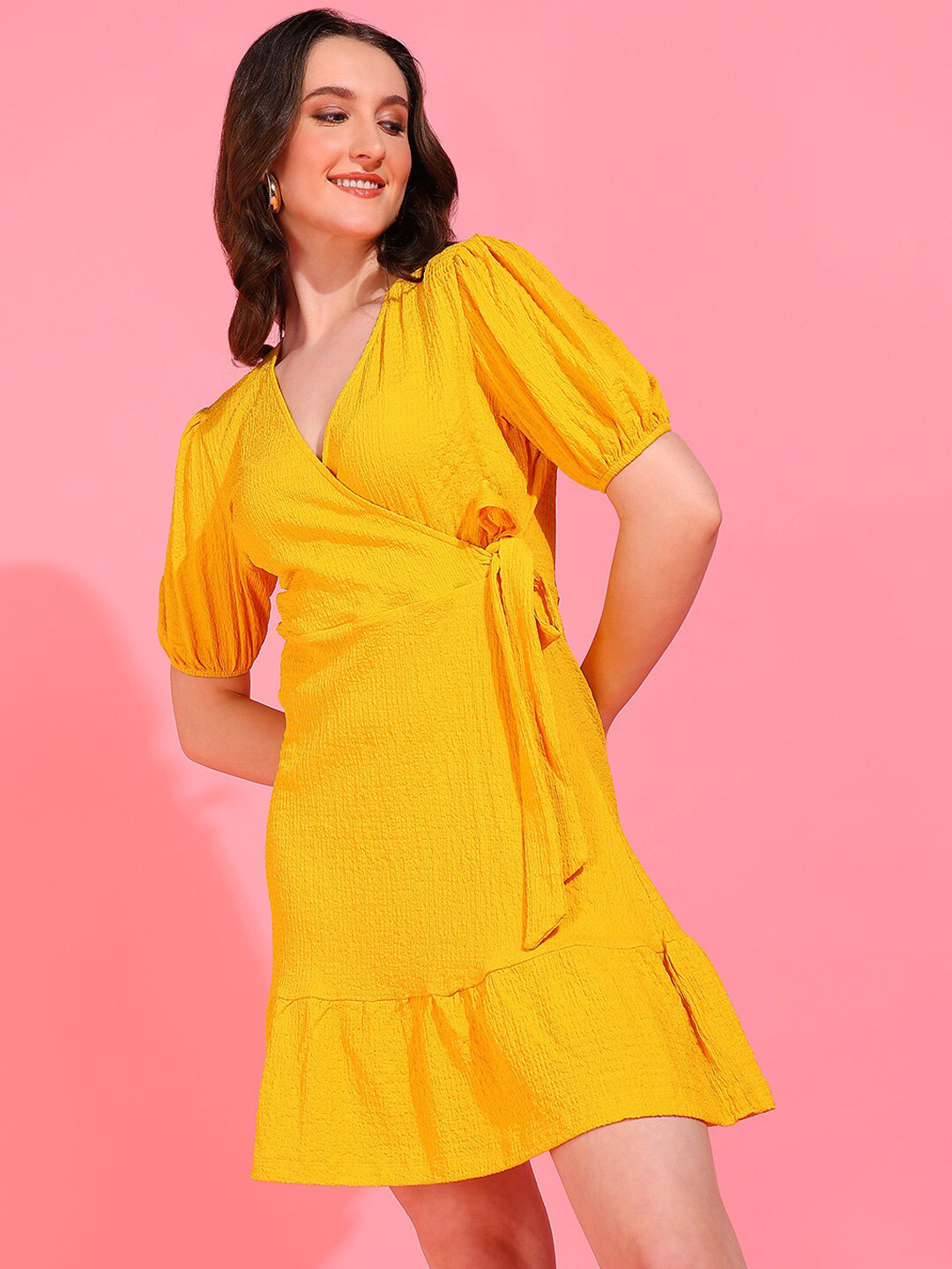Mast & Harbour Yellow V-Neck Wrap Dress