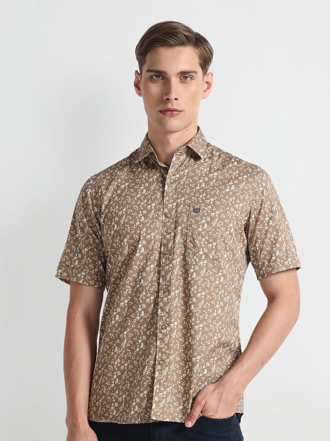 Arrow Sport Floral Printed Spread Collar Pure Cotton Twill Weave Casual Shirt