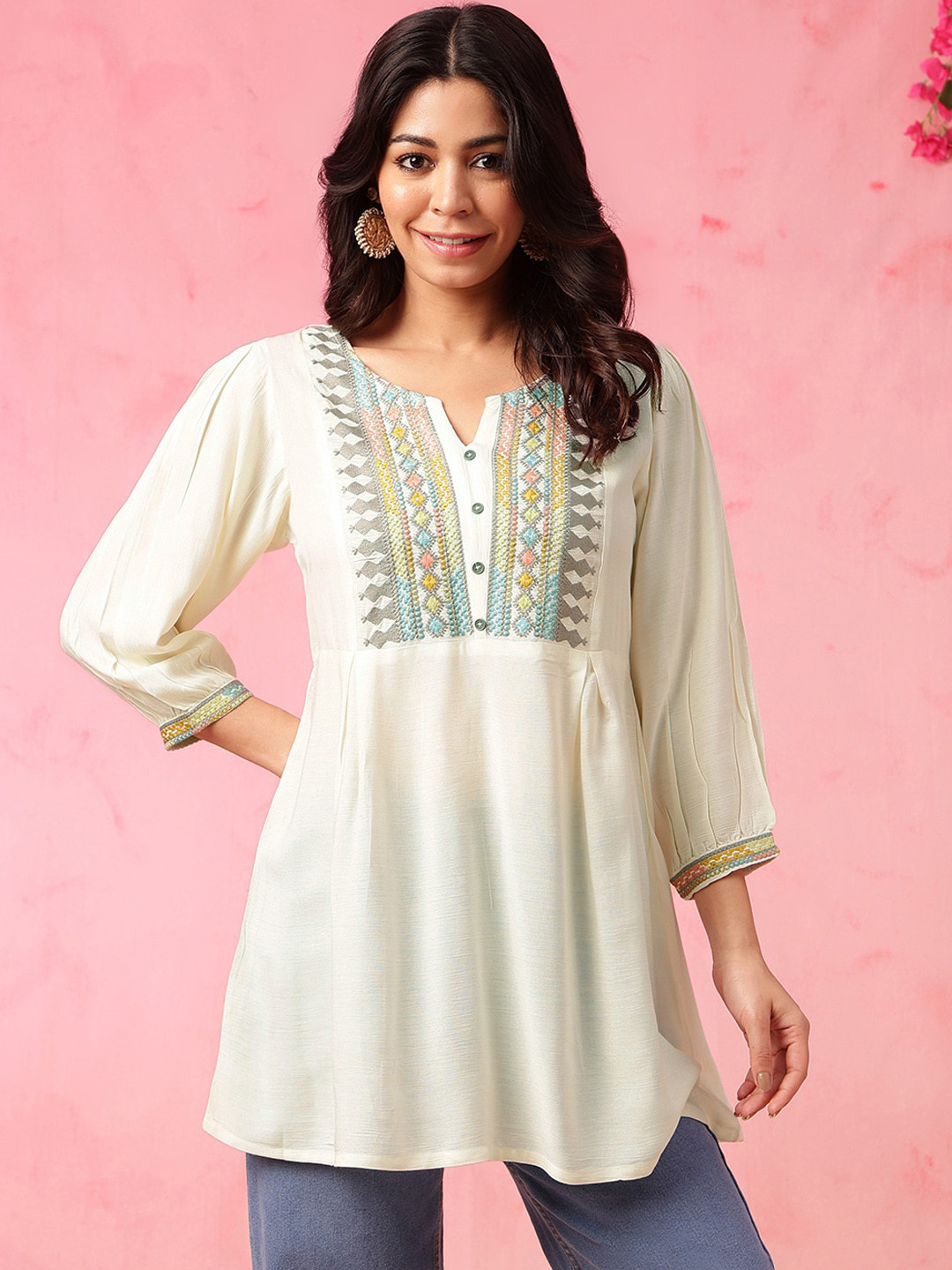 Anouk Off White Floral Embroidered Thread Work  Cotton A-Line Short Kurti