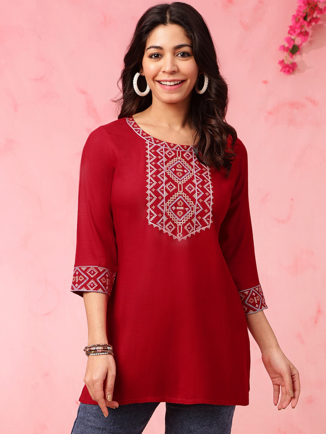 Anouk Red Embroidered Yoke Design Straight Short Kurti