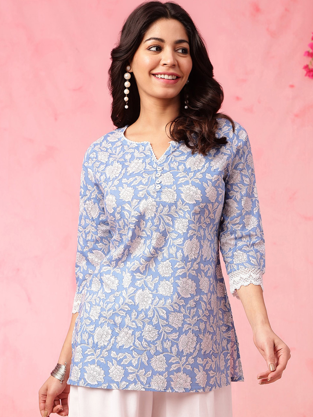 Anouk Blue Floral Printed Straight Pure Cotton Short Kurti