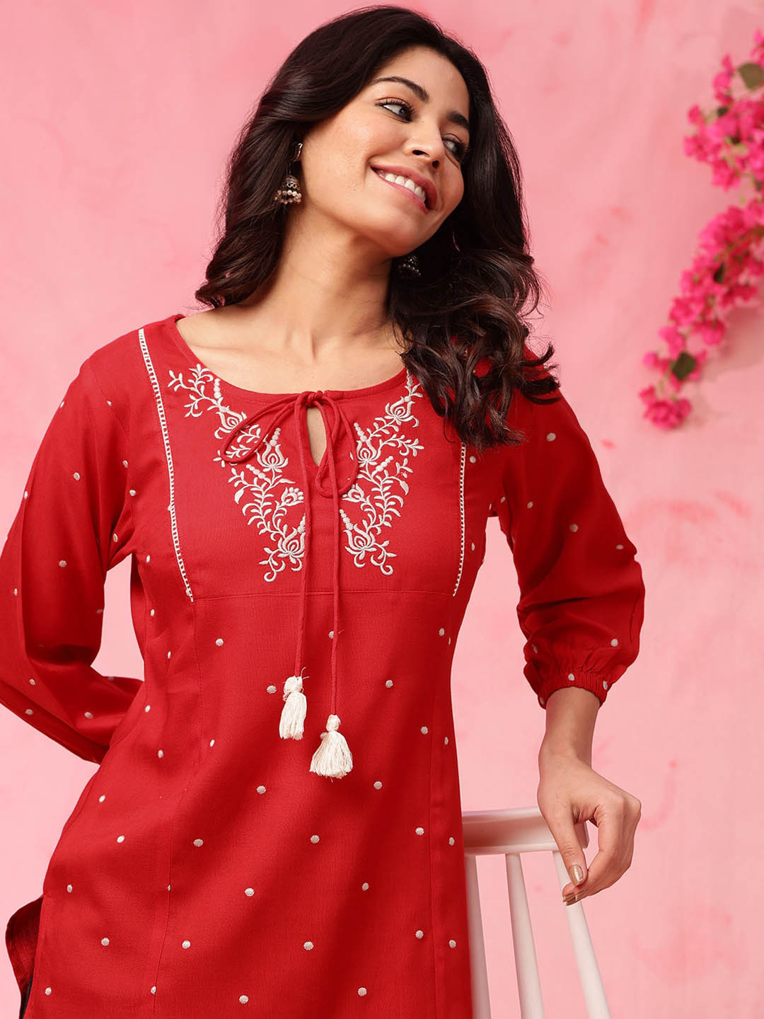Anouk Floral Embroidered Tie-Up Neck Straight Short Kurti