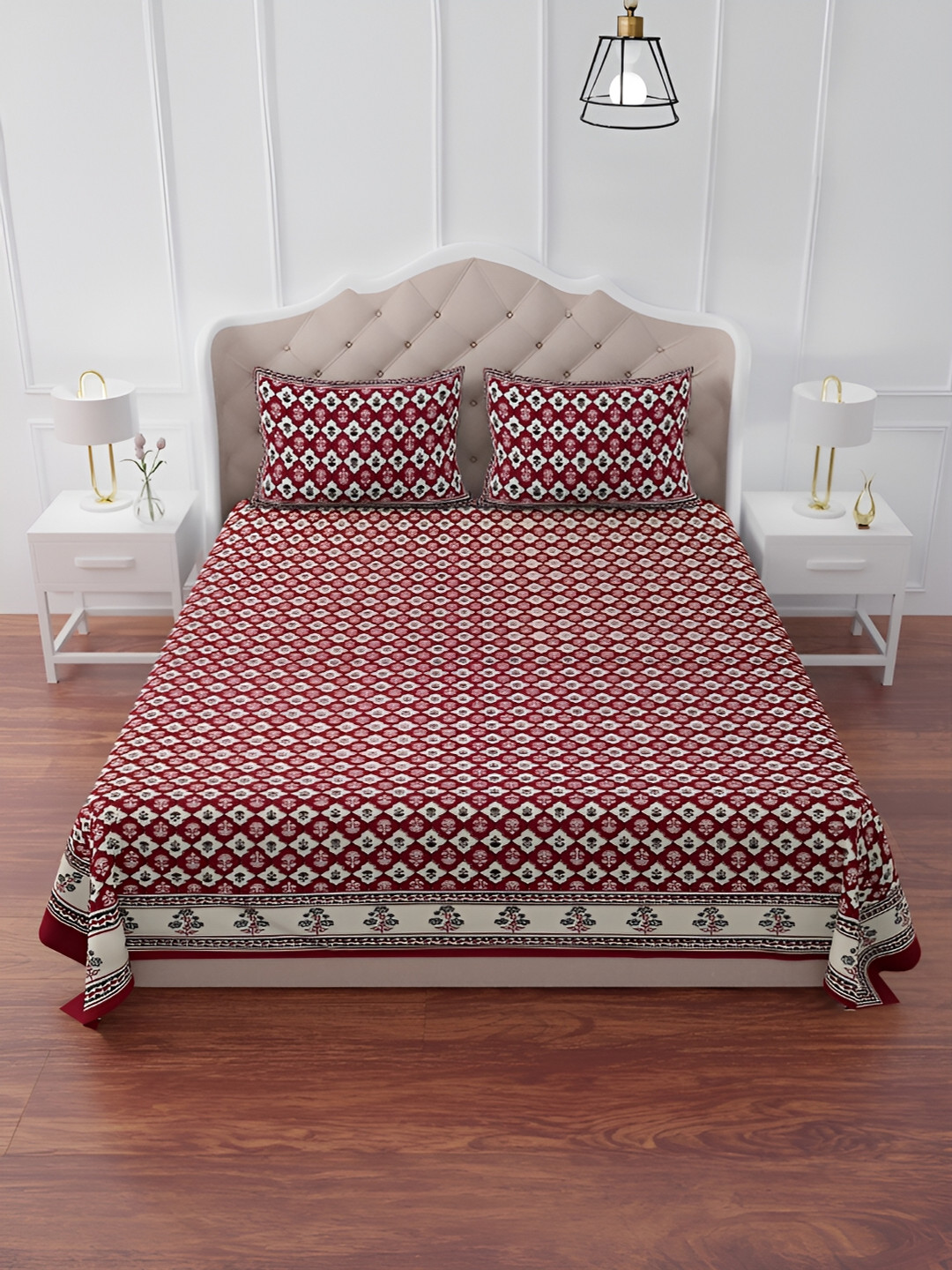 The Craft Monk Opulent Maroon Floral Cotton 240 TC King Fine Bedsheet with 2 Pillow Covers-108 x 90 inches