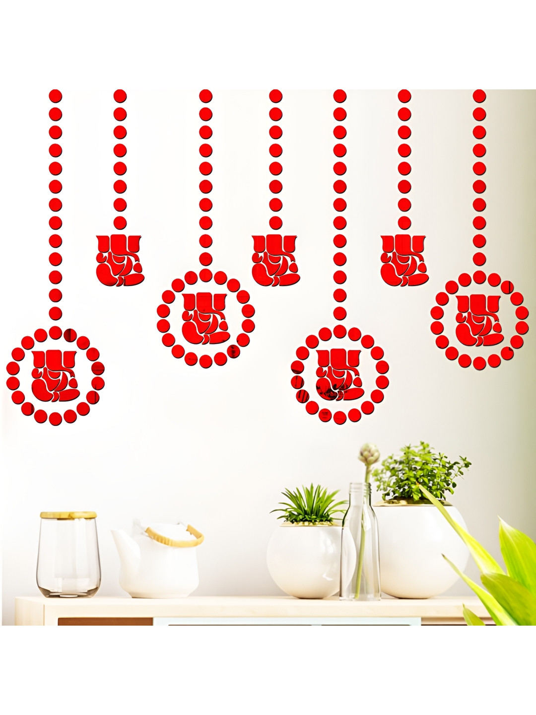 Wall1ders Red 110 Pieces Ganesha & Dot 3D Acrylic Mirror Wall Stickers