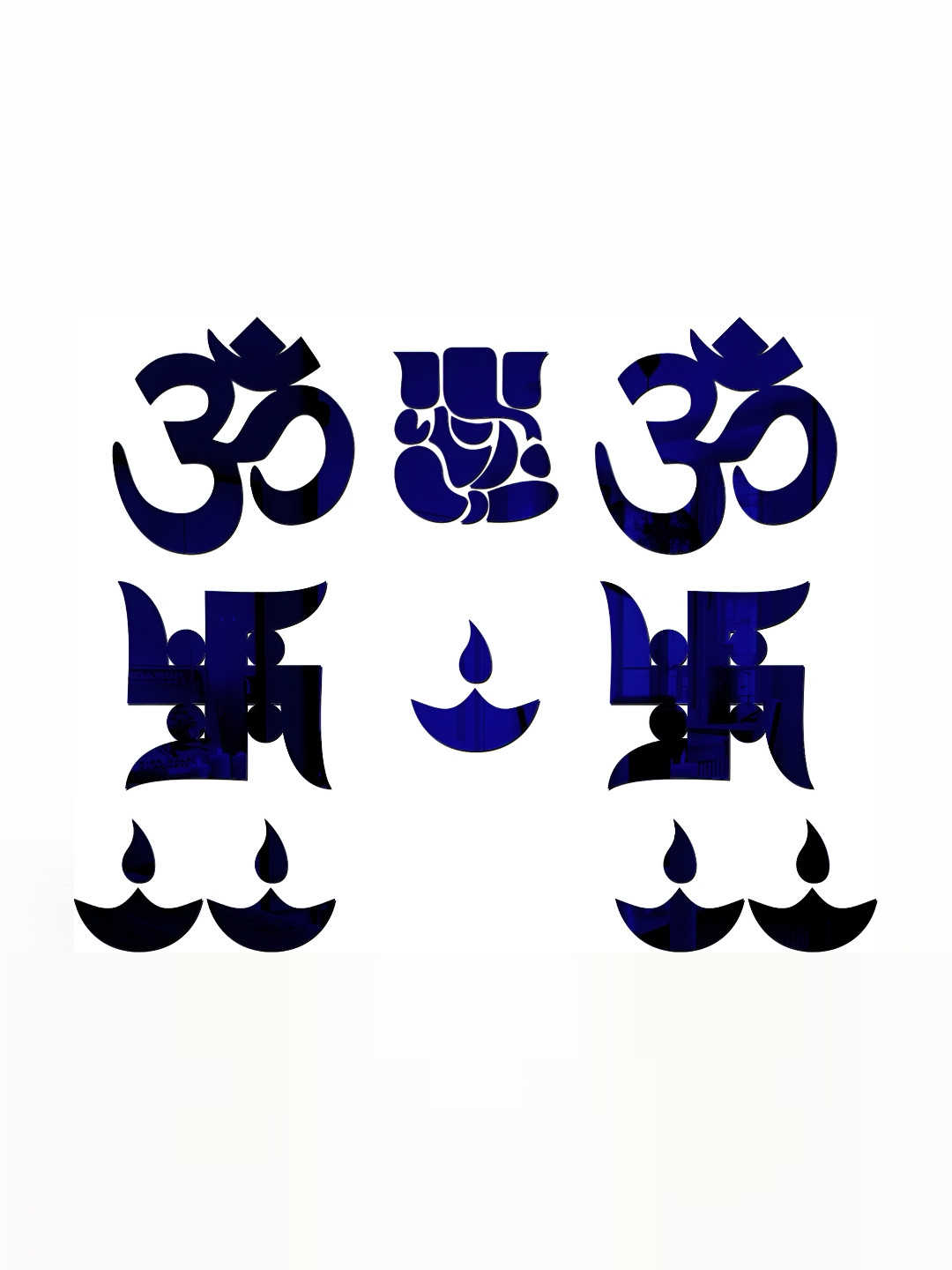 Wall1ders Blue Ganesha Om Swastik & Diya 3D Acrylic Mirror Wall Stickers