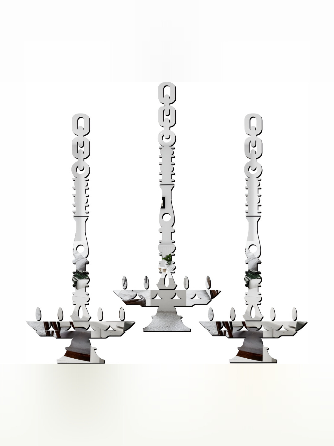 Wall1ders Silver Toned 3 Pieces Hanging Diya Shaped 3D Acrylic Mirror Wall Stickers