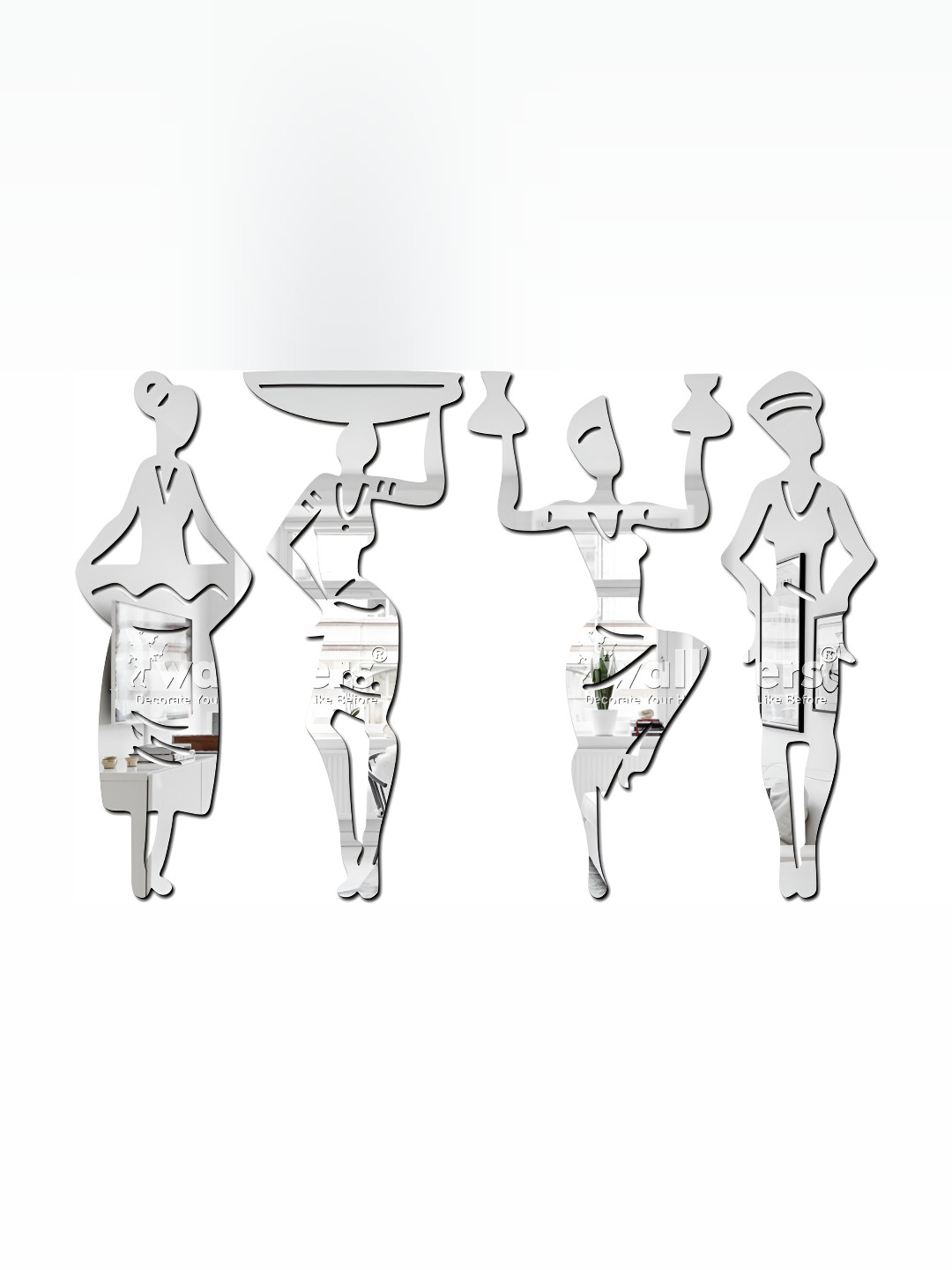 Wall1ders Silver Toned 4 Pieces Tribal Women 3D Acrylic Mirror Wall Stickers