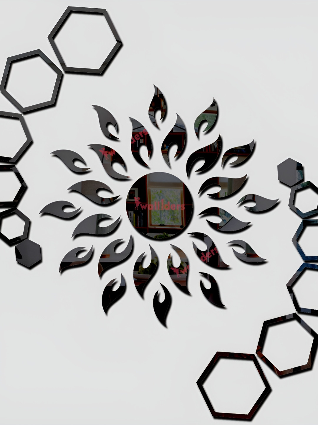 Wall1ders Black 2 Pieces Sun & Hexagon 3D Mirror Wall Stickers