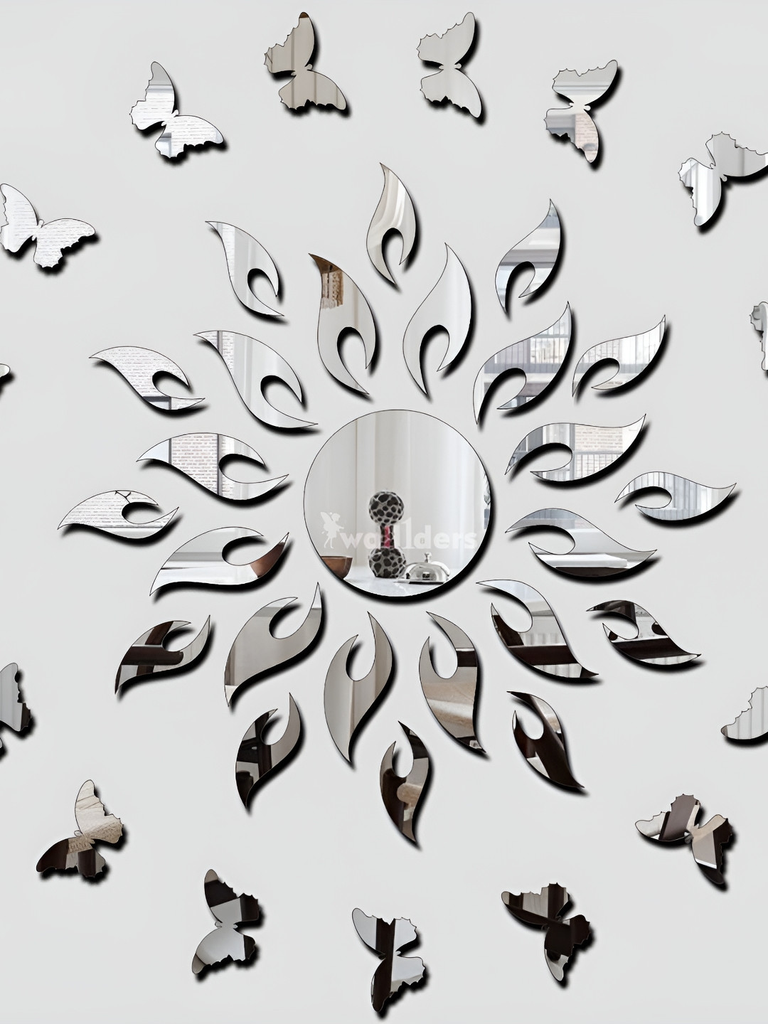 Wall1ders Silver Toned 21 Pieces Sun & Butter Fly 3D Mirror Wall Stickers