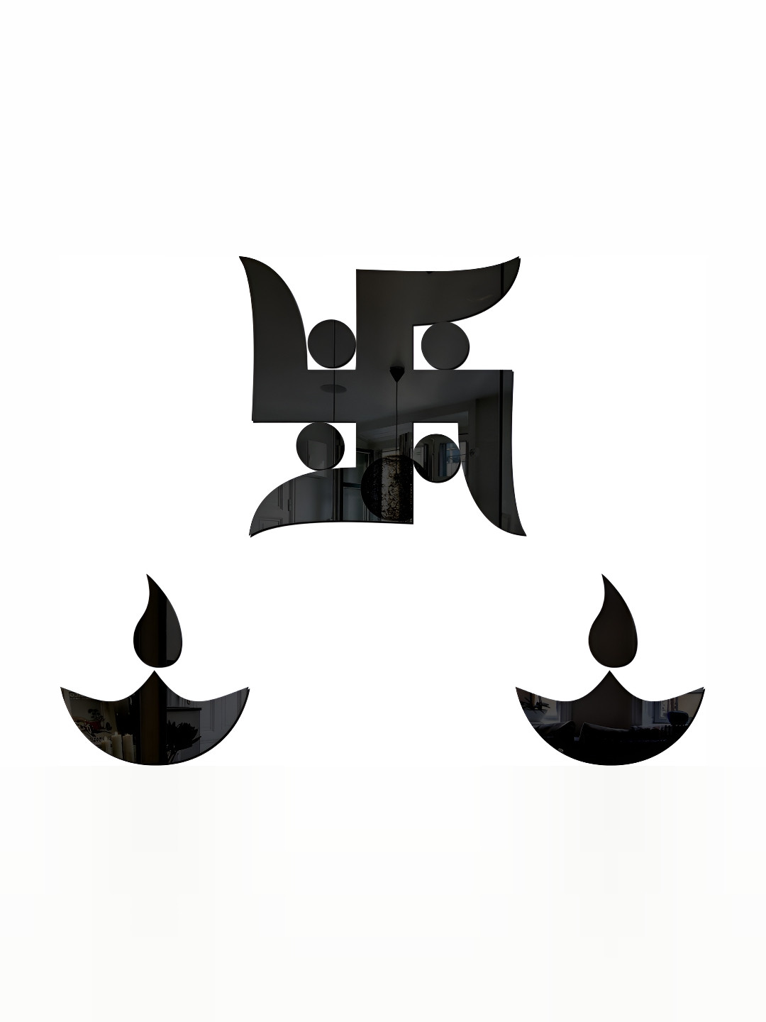 Wall1ders Black 3 Pieces Swastik & Diyas 3D Mirror Stickers