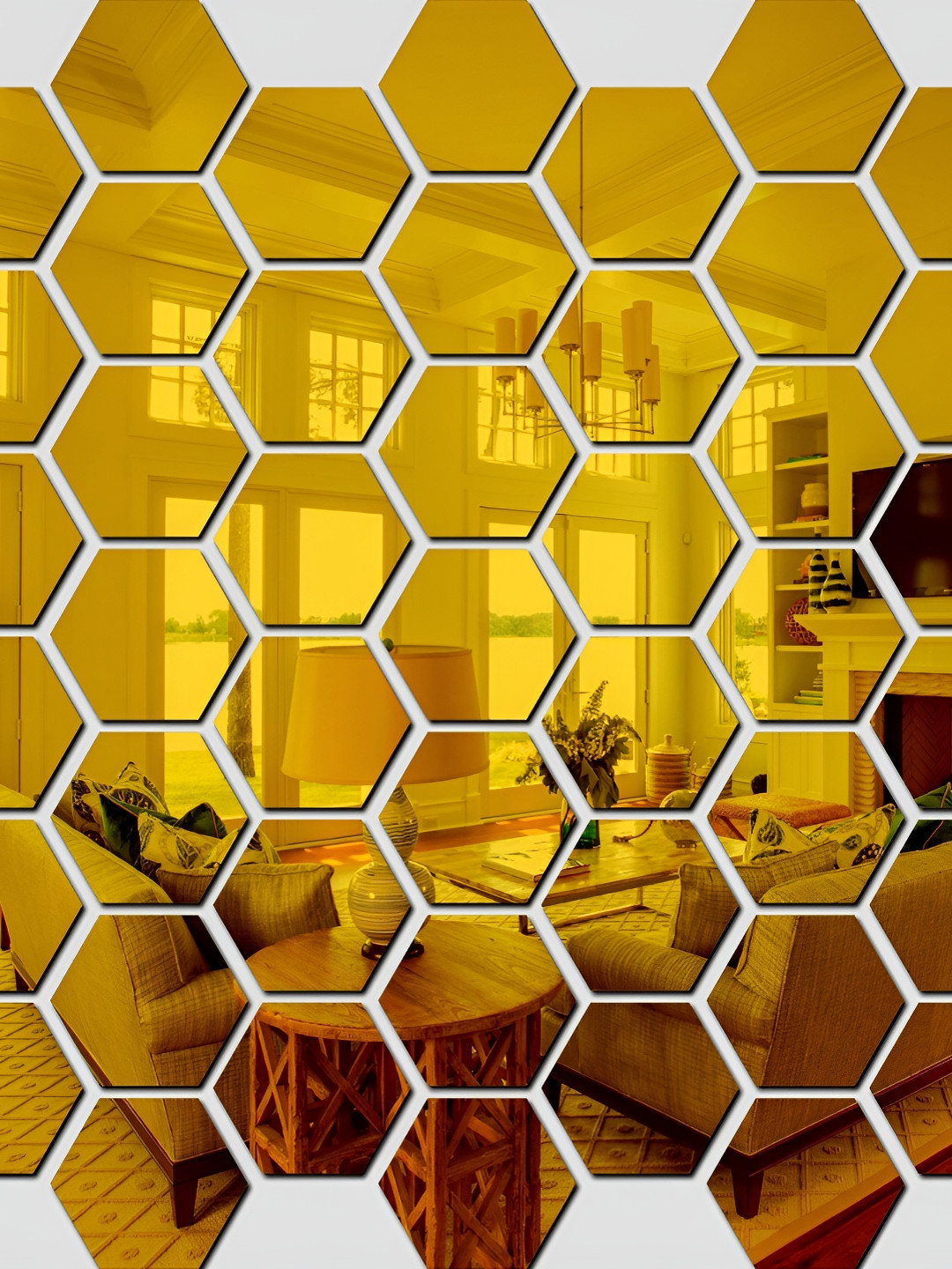 Wall1ders Gold Toned 45 Pcs Hexagon 3D Mirror Wall Stickers