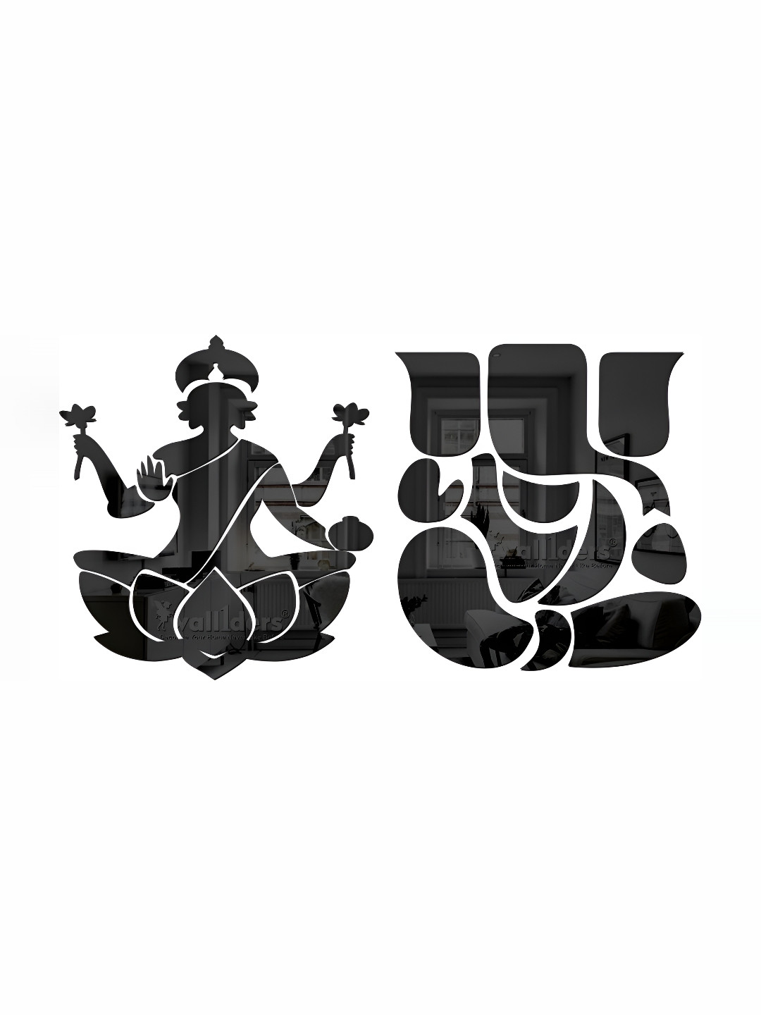 Wall1ders Black 2 Pieces Mata Laxmi Ganeshji 3D Mirror Wall Stickers