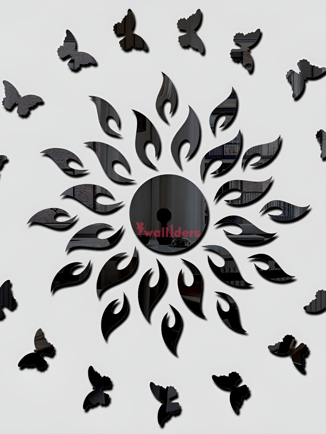 Wall1ders Black 21 Pieces Sun & Butterfly 3D Mirror Wall Stickers
