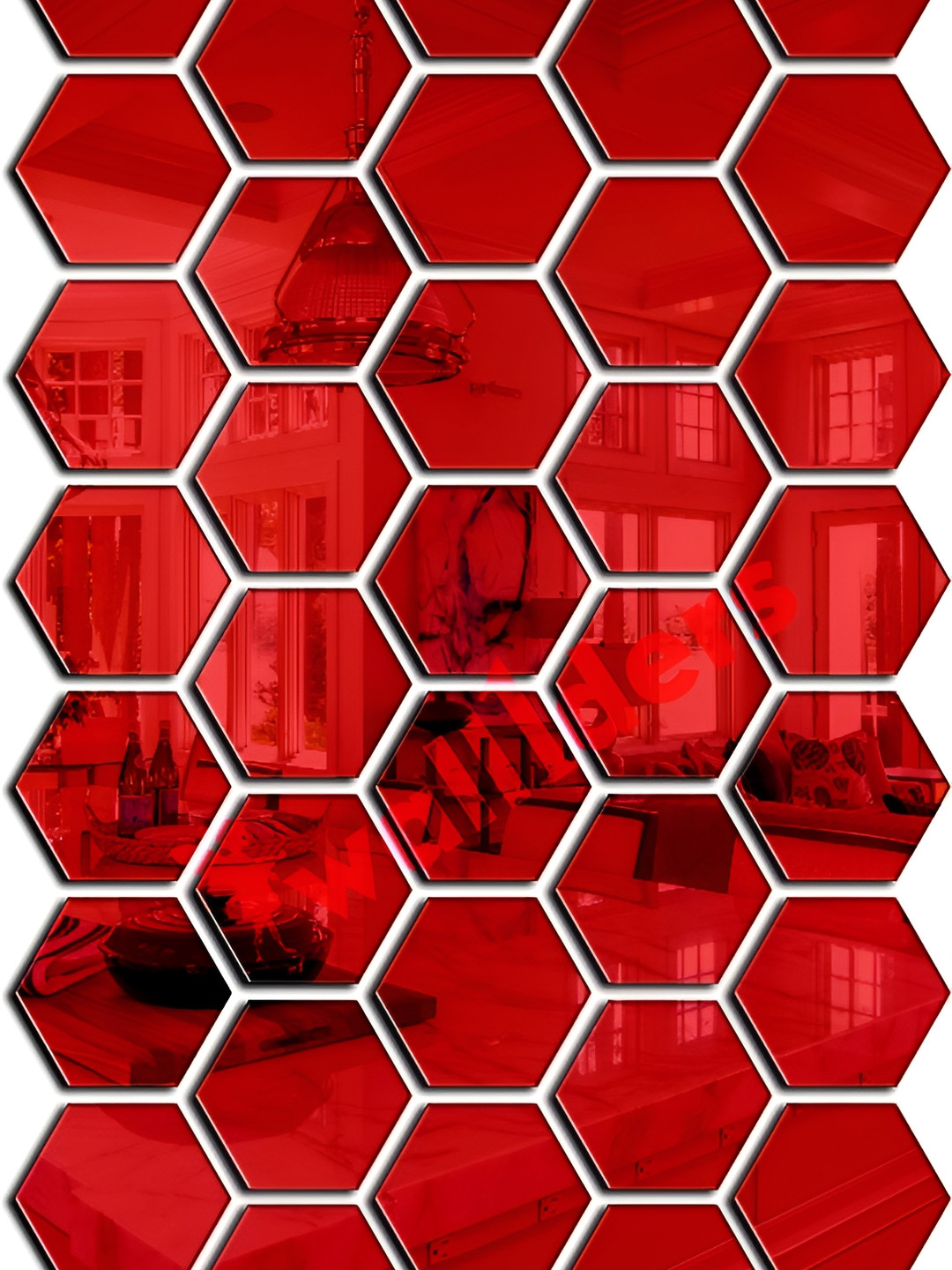 Wall1ders Red 40 Pieces Hexagon 3D Mirror Wall Stickers