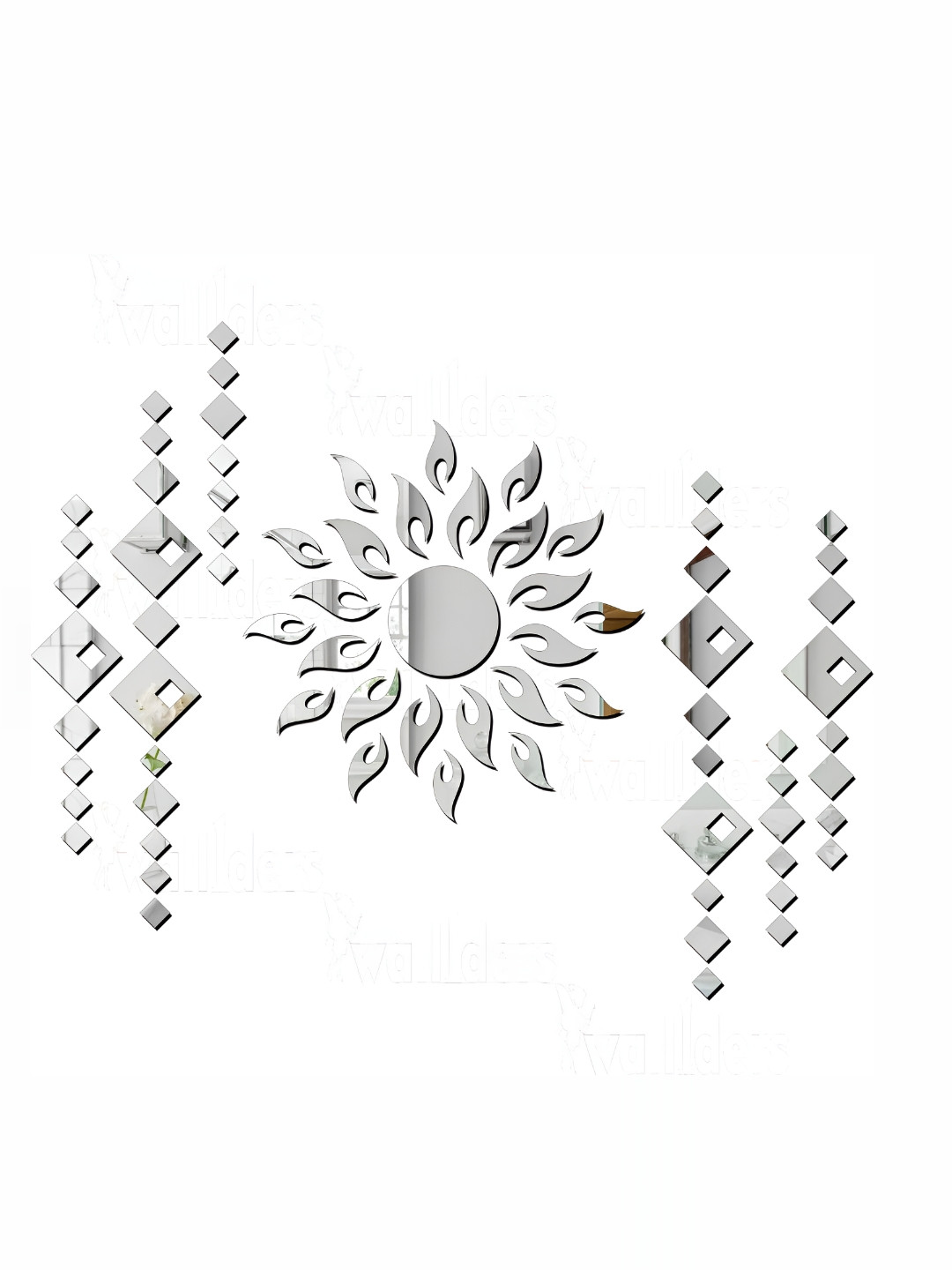 Wall1ders Silver Sun & Diamond 3D Mirror Wall Stickers