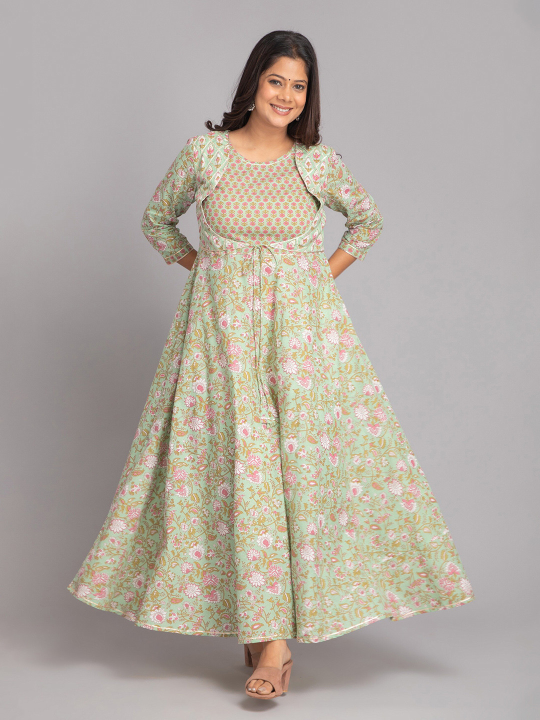 SUTI Floral Printed Round Neck Tie-Ups Cotton Fit & Flare Maxi Ethnic Dress