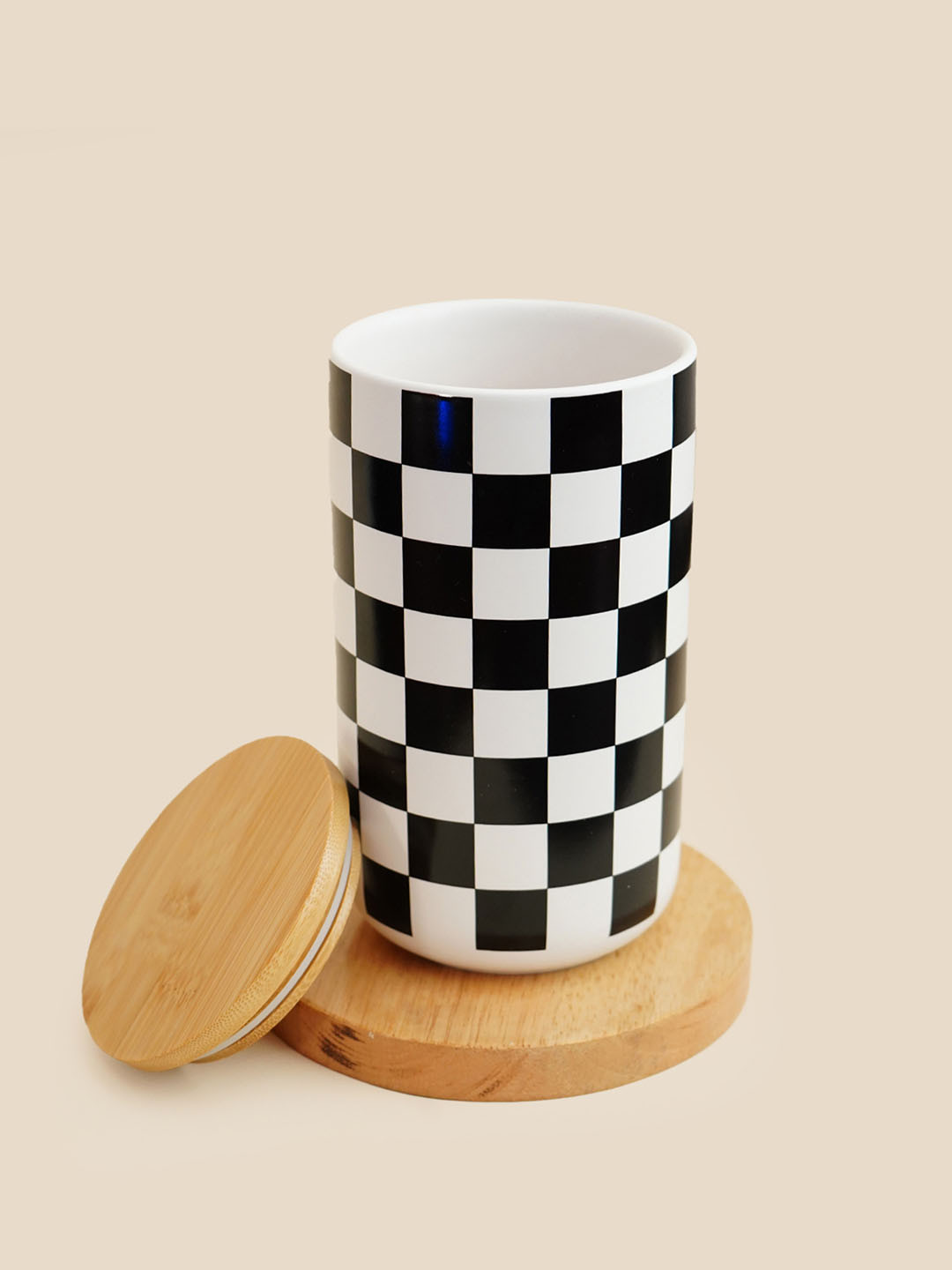 Ekhasa White Checkered Ceramic Scratch Resistant Flip Top Canister-1L