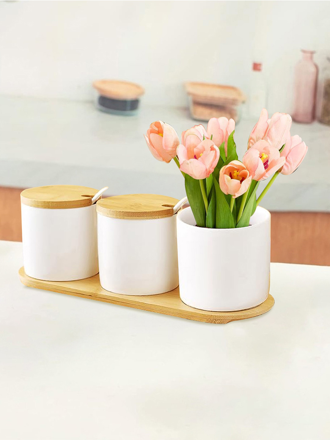 Ekhasa White Ceramic Dishwasher Safe 3 Piece Flip Top Graduated Container