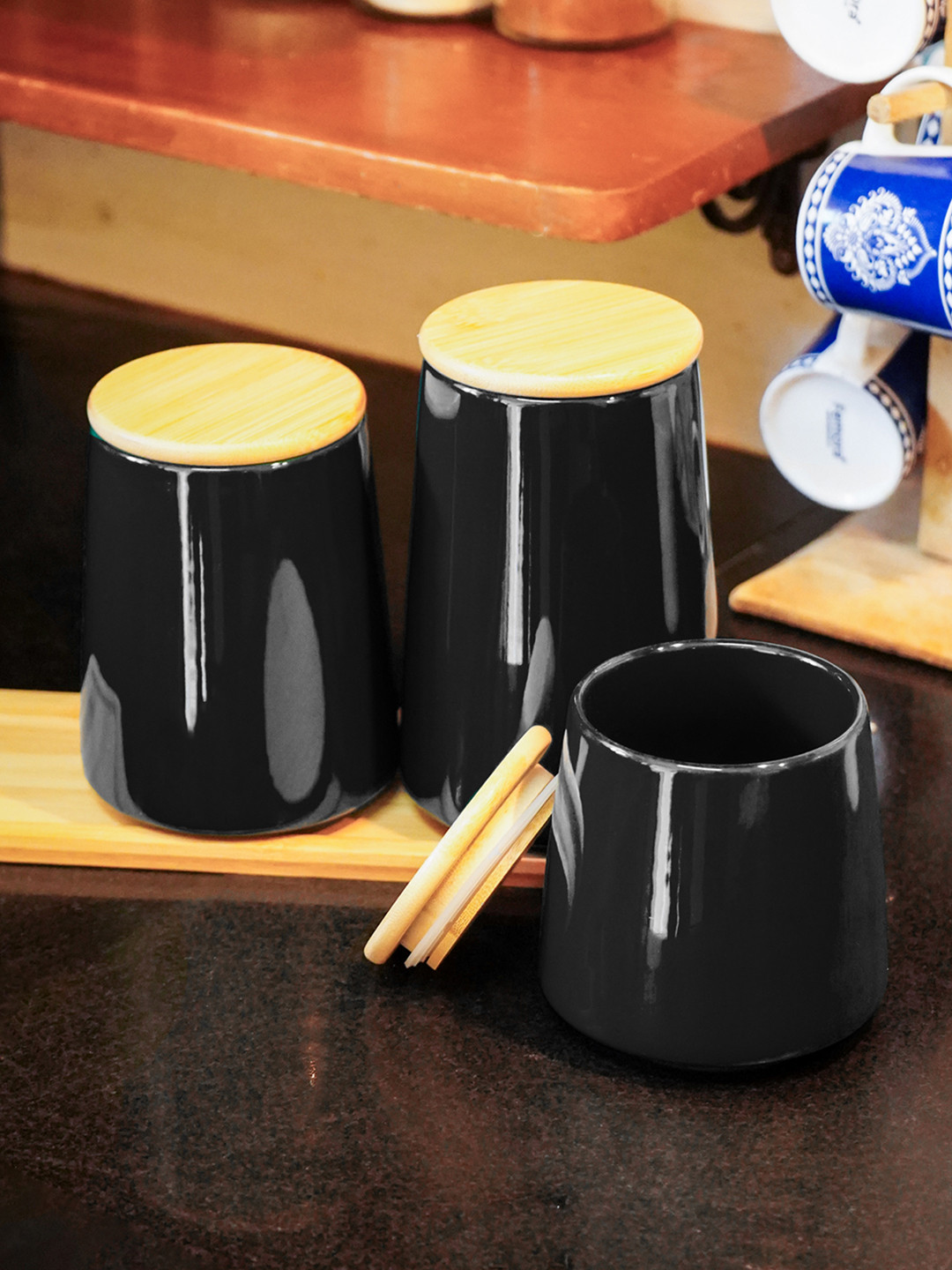 Ekhasa Black Ceramic 3 Piece Flip Top Graduated Container