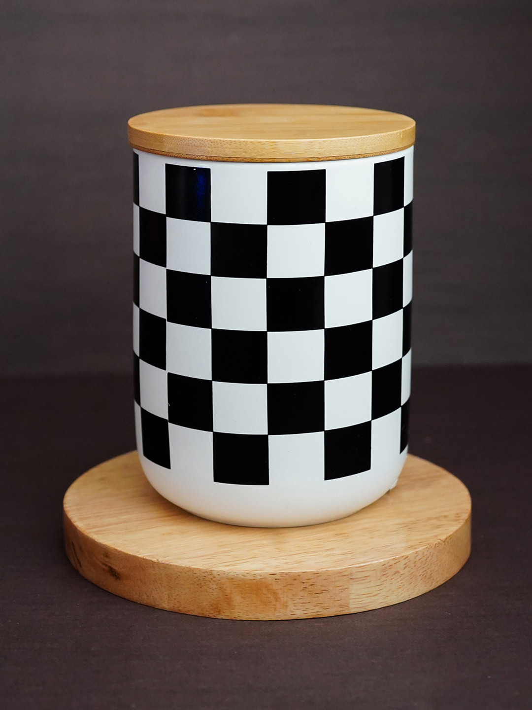 Ekhasa White Checkered Ceramic Scratch Resistant Flip Top Canister-800ml
