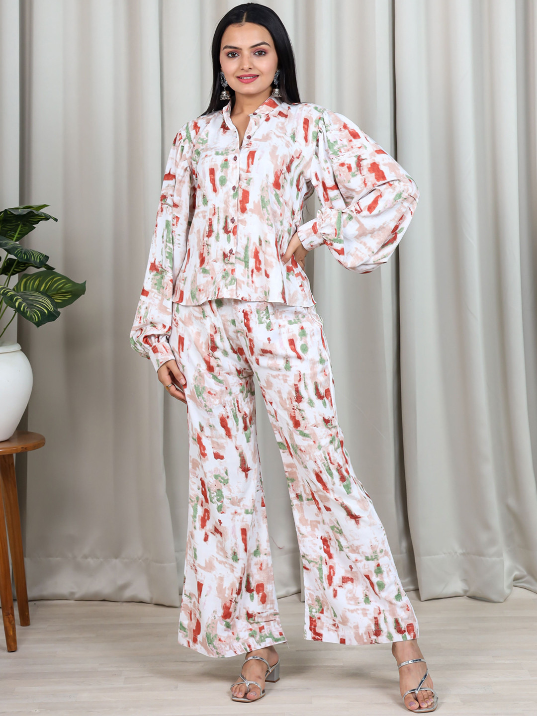 Vidraa Western Store Abstract Printed Shirt Collar Puff Sleeve Shirt With Trousers