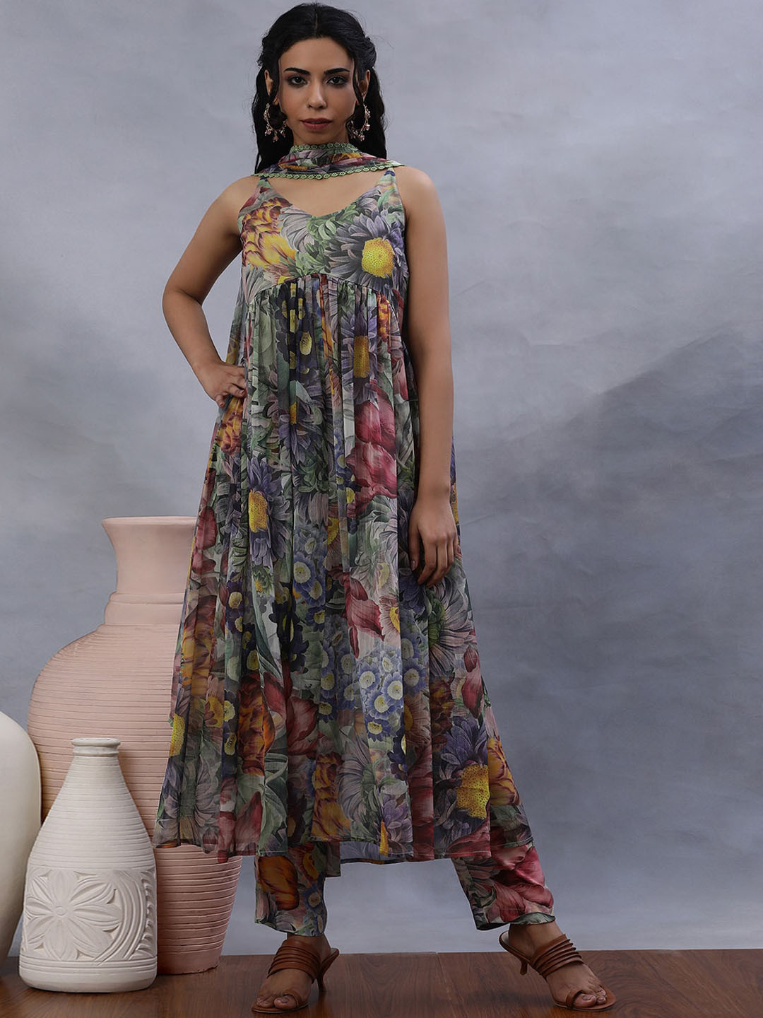W Floral Printed Empire Kurta With Trousers & Dupatta