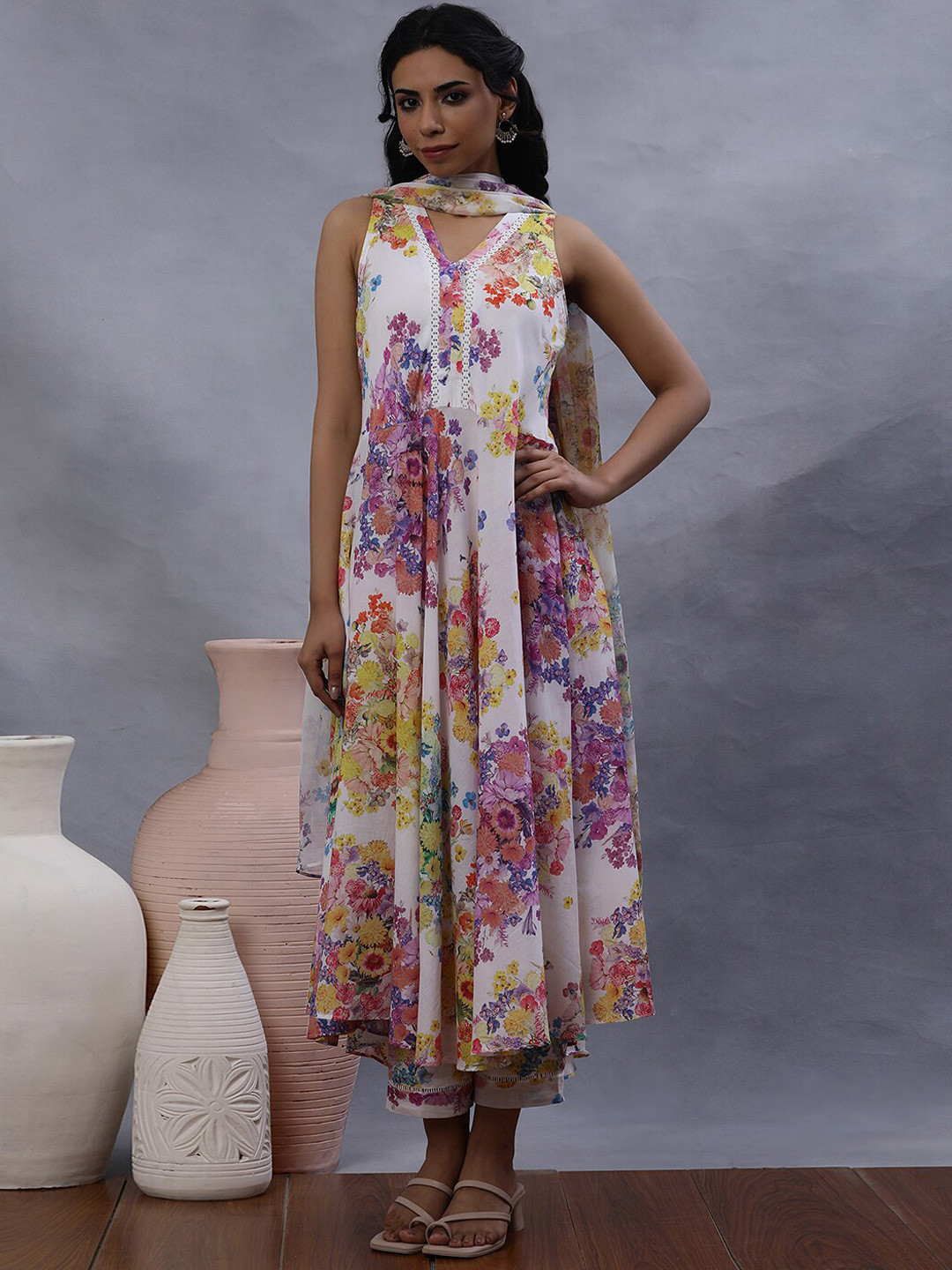 W Floral Printed Anarkali Pure Cotton Kurta With Trousers & Dupatta