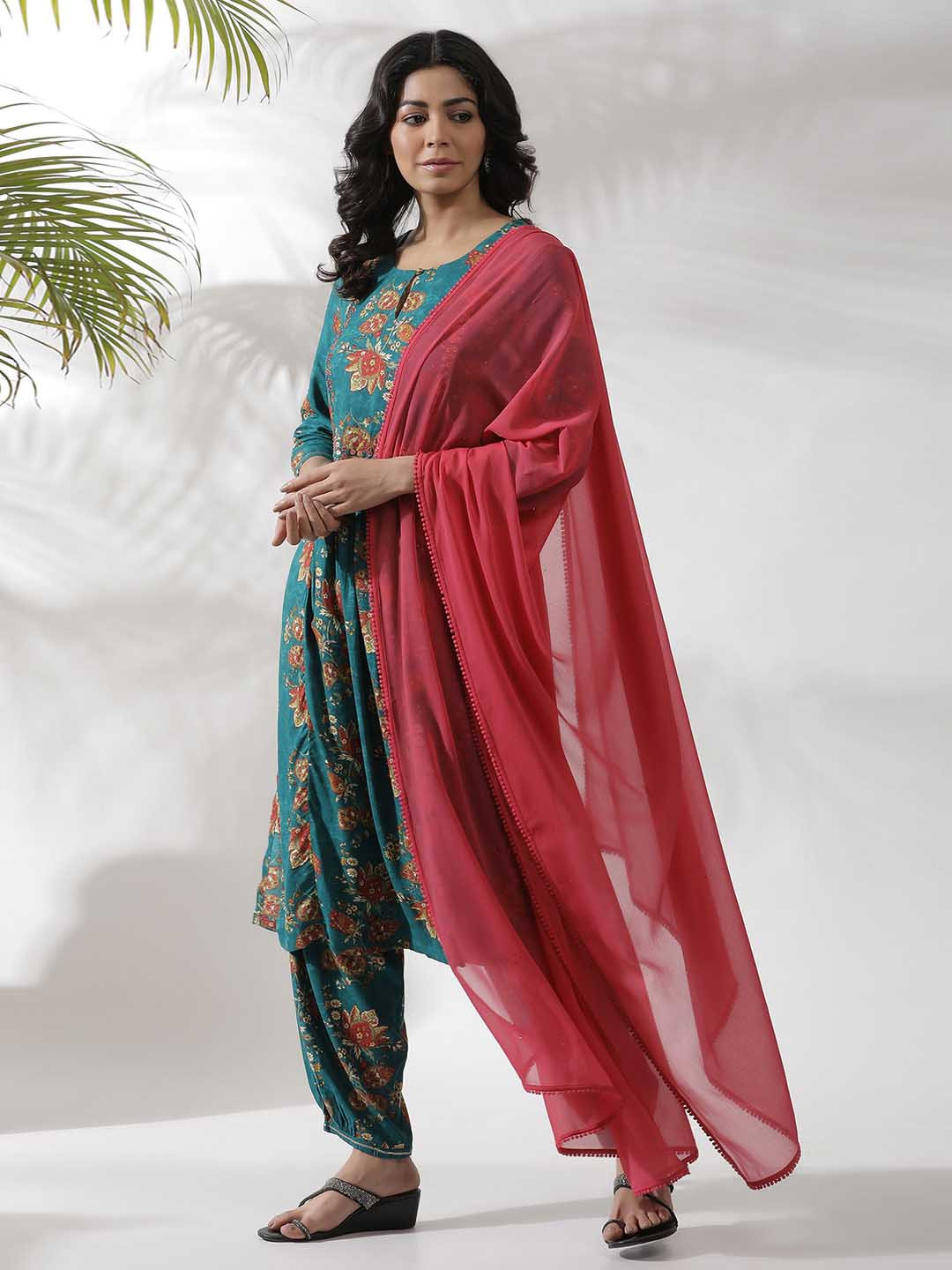 W Pink Embroidered Beads and Stones Chiffon Dupatta