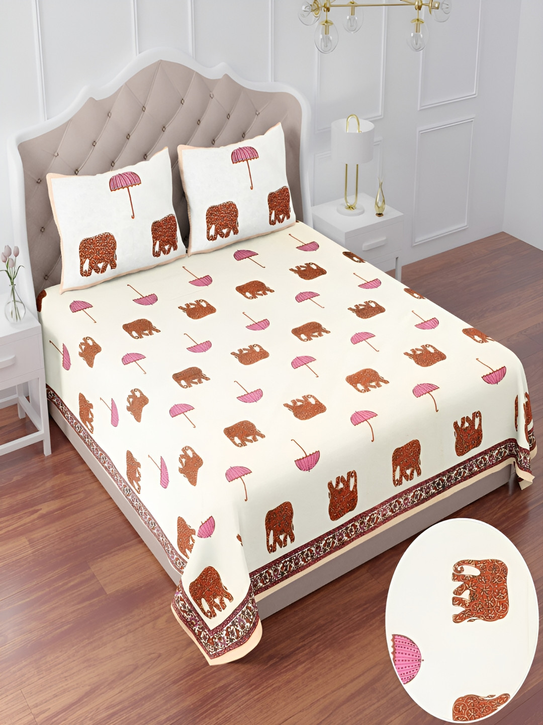 Runjhun Elephant Printed White Ethnic Motifs Cotton 240 TC King Fine Bedsheet with 2 Pillow Covers-90 x 108 inches