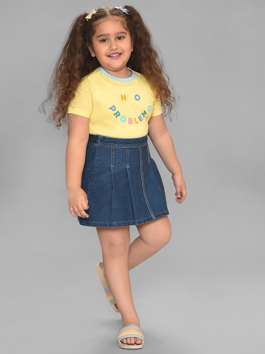 MiArcus Girls Printed Top with Denim Skirt
