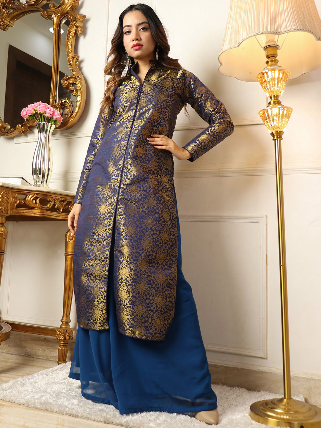 Vidraa Western Store Floral Woven Design Pure Silk Kurta with Palazzos