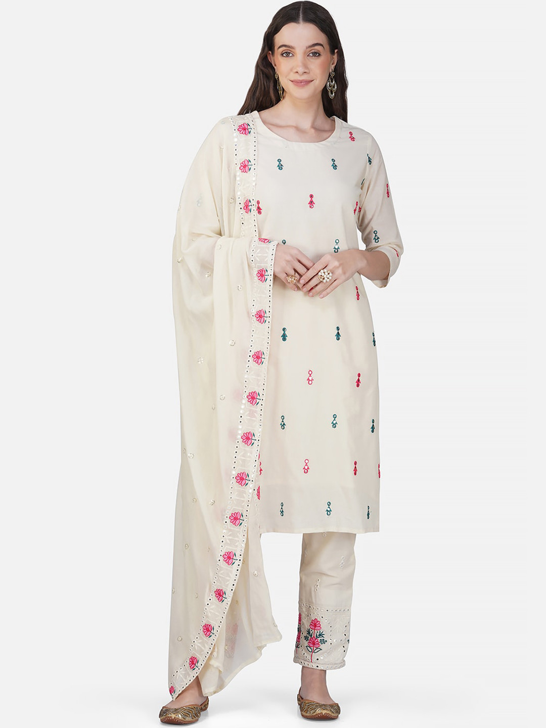 INDIAN KNOTS Floral Embroidered Mirror Work Pure Cotton Kurti with Trousers & Dupatta