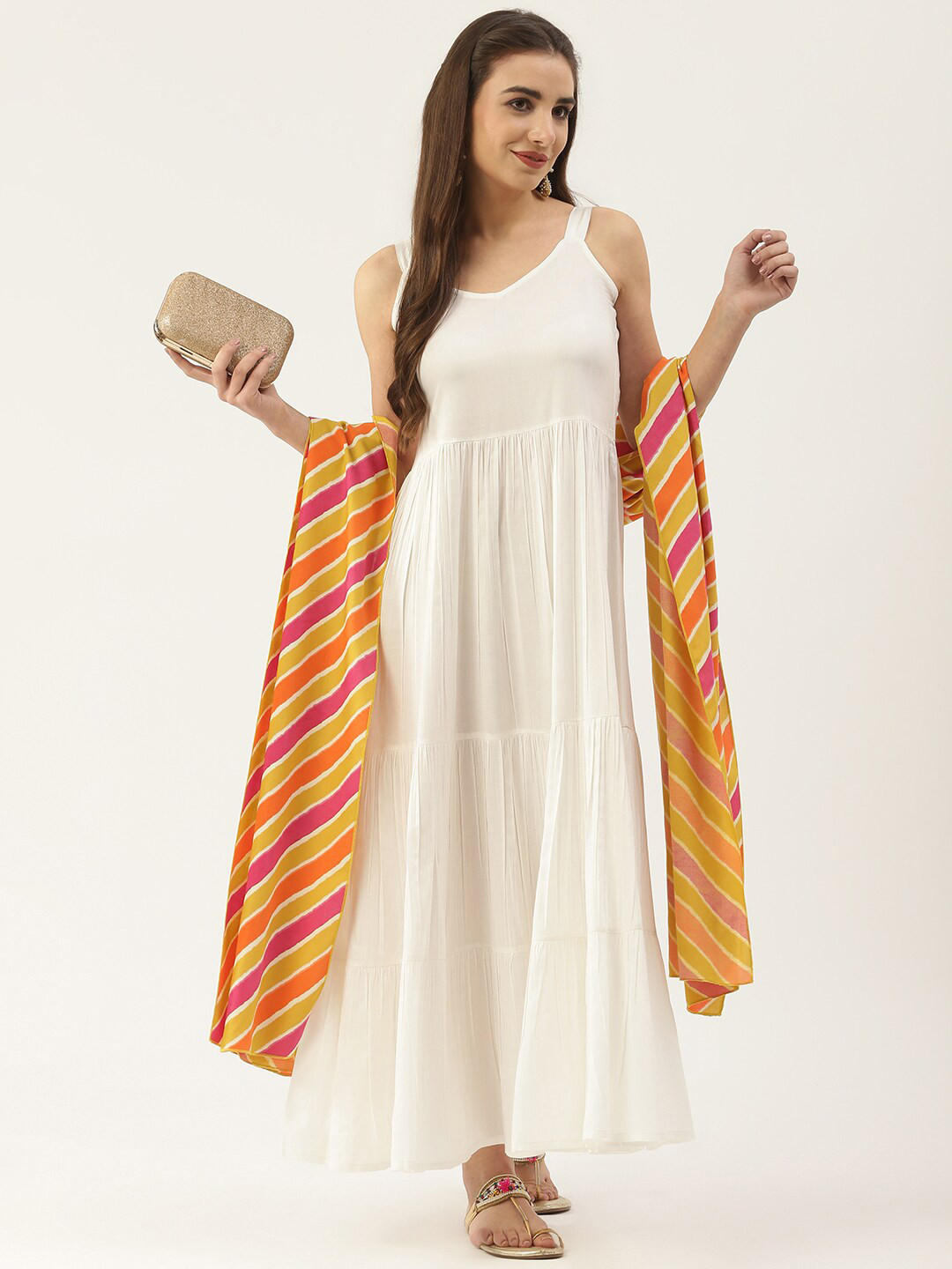 Rustorange Shoulder Strap Fit & Flare Pleated Maxi Dress With Dupatta