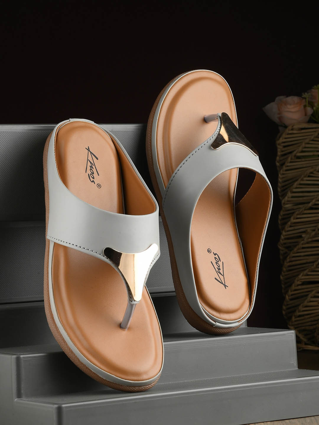 knoos Embellished Open Toe T-Strap Flats