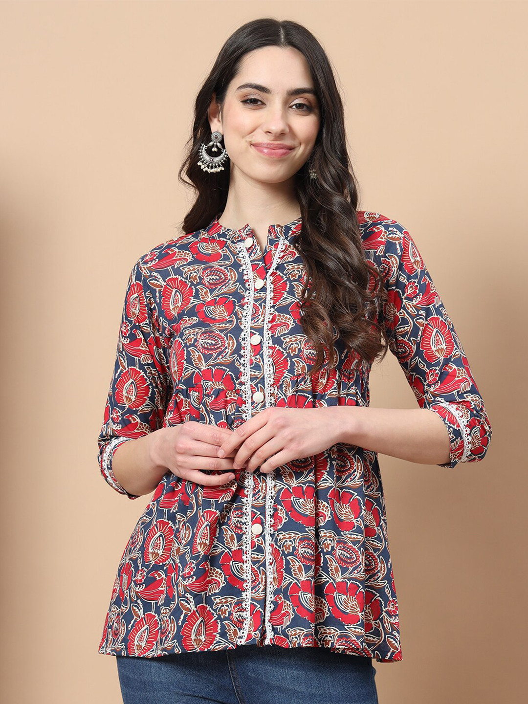 Yufta Red Floral Printed Mandarin Collar Lace Inserts Peplum Cotton Top