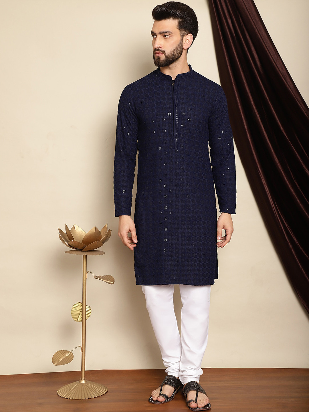 Anouk Navy Blue Embroidered Sequinned Pure Cotton Kurta with Churidar