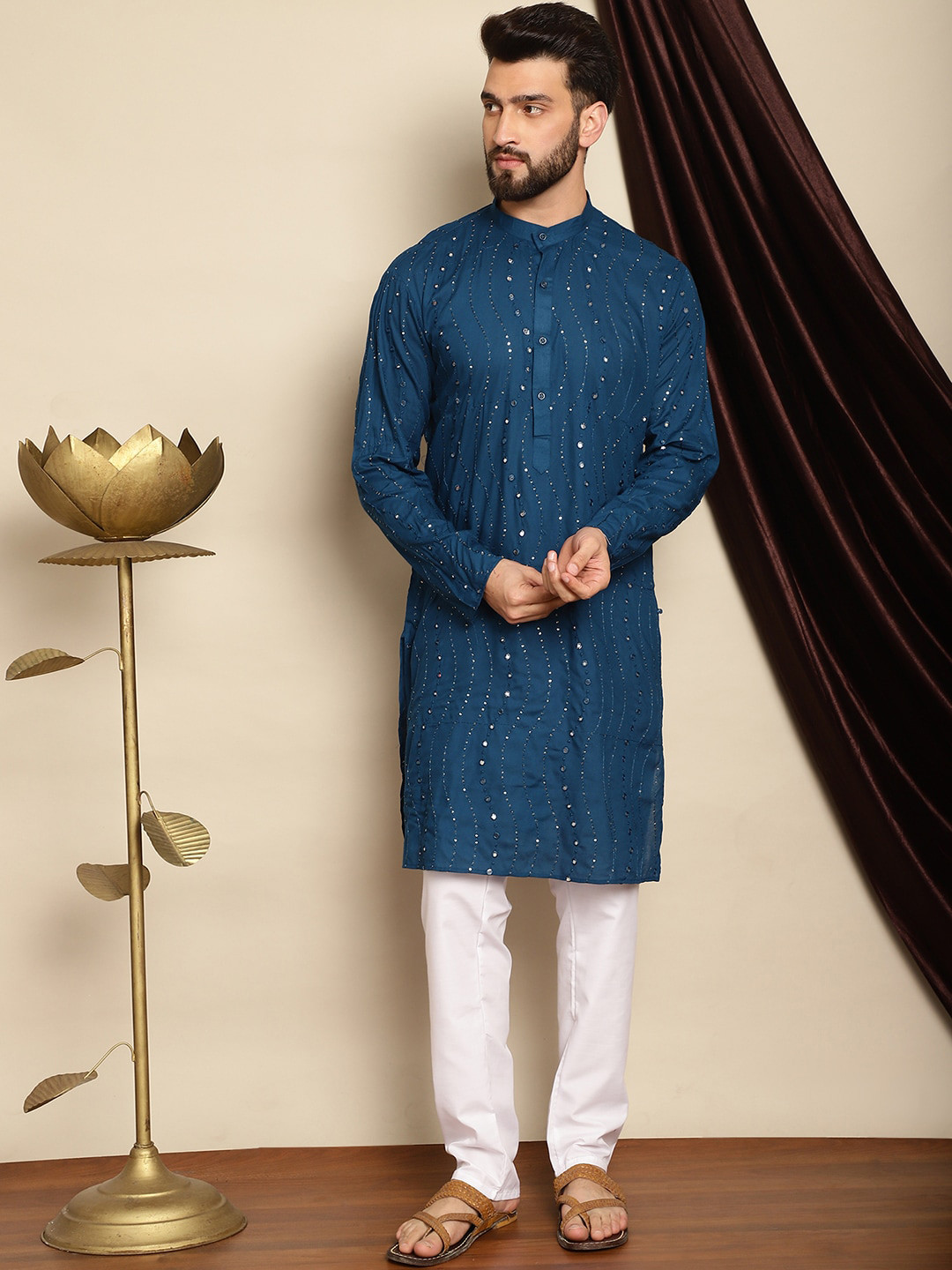 Anouk Teal Blue Mandarin Collar Sequinned Pure Cotton Straight Kurta with Pyjamas