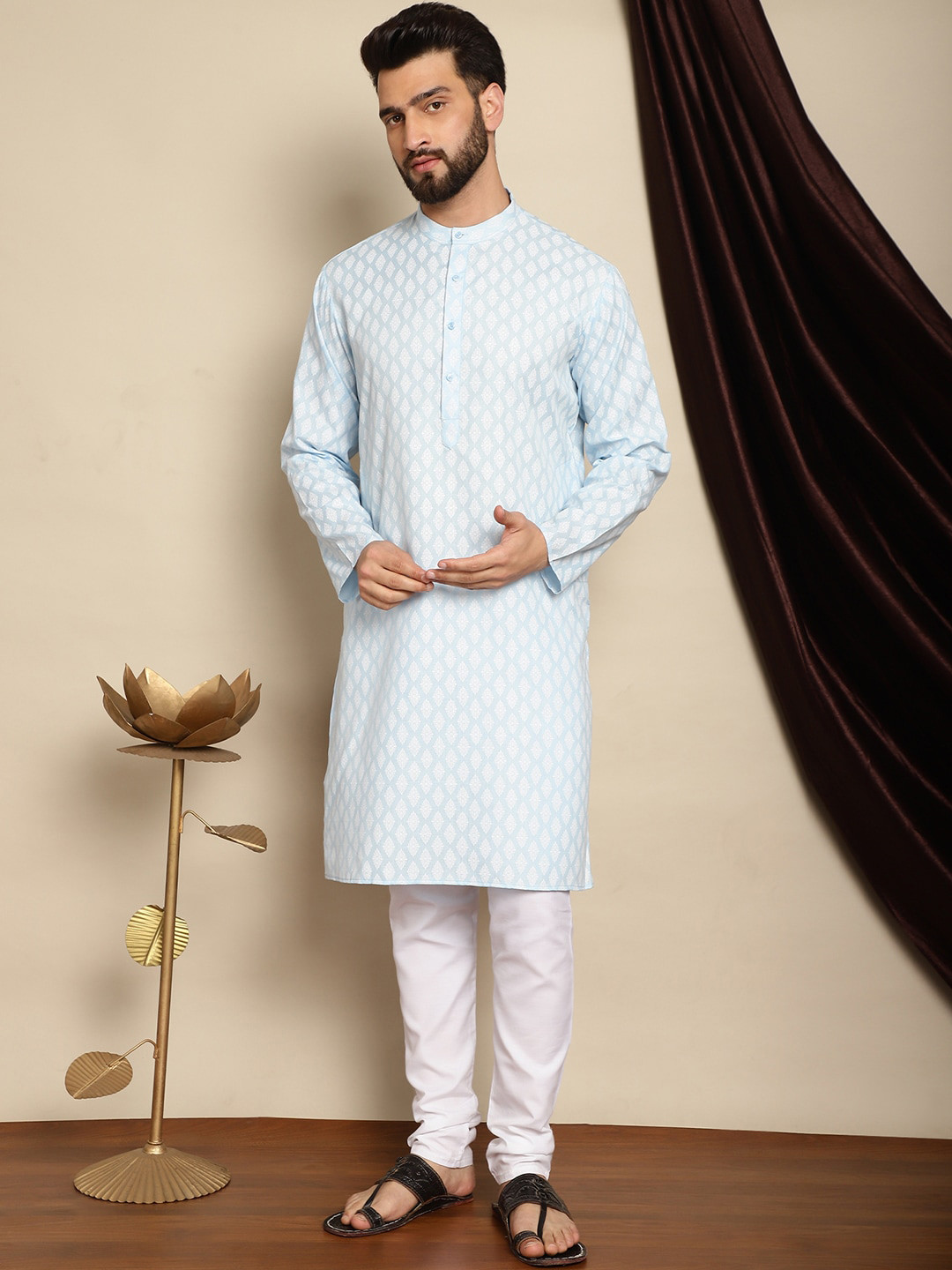Anouk Blue Mandarin Collar Ethnic Motifs Printed Straight Kurta with Pyjamas