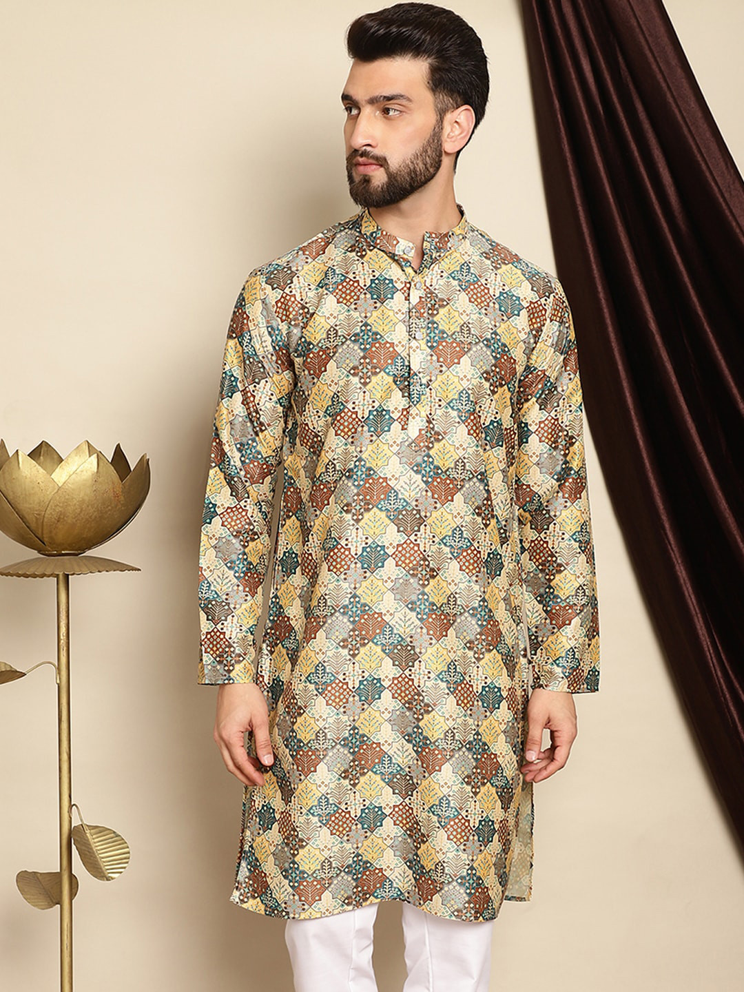 Anouk Green Ethnic Motifs Printed Mandarin Collar Long Sleeves Silk Cotton Straight Kurta