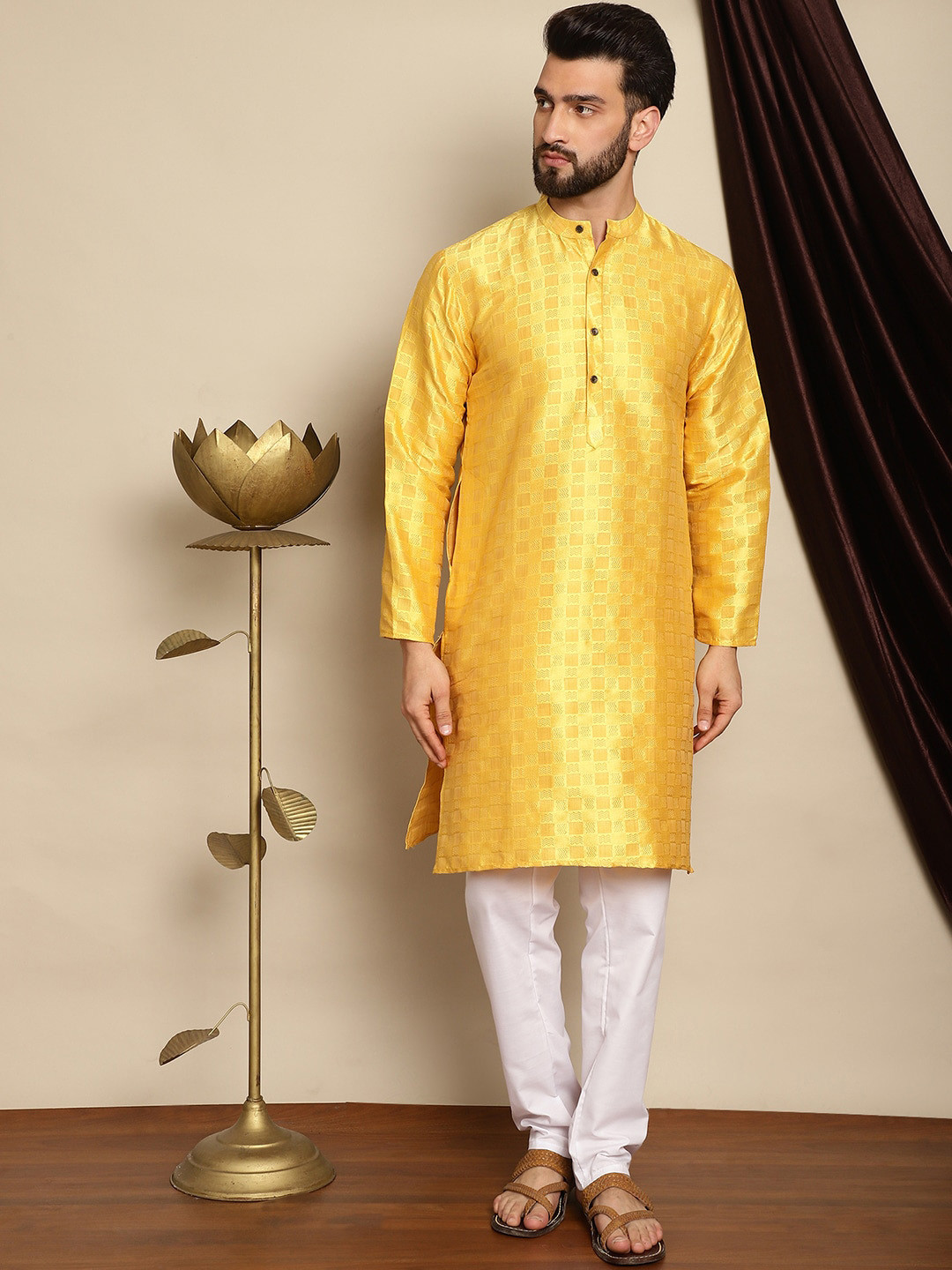 Anouk Yellow Mandarin Collar Geometric Woven Design Jacquard Silk Kurta with Pyjamas