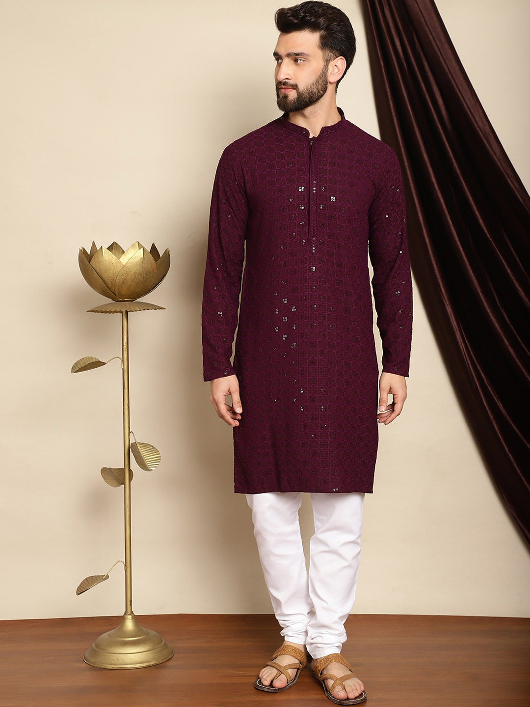 Anouk Burgundy Mandarin Collar Sequinned Pure Cotton Straight Kurta with Pyjamas