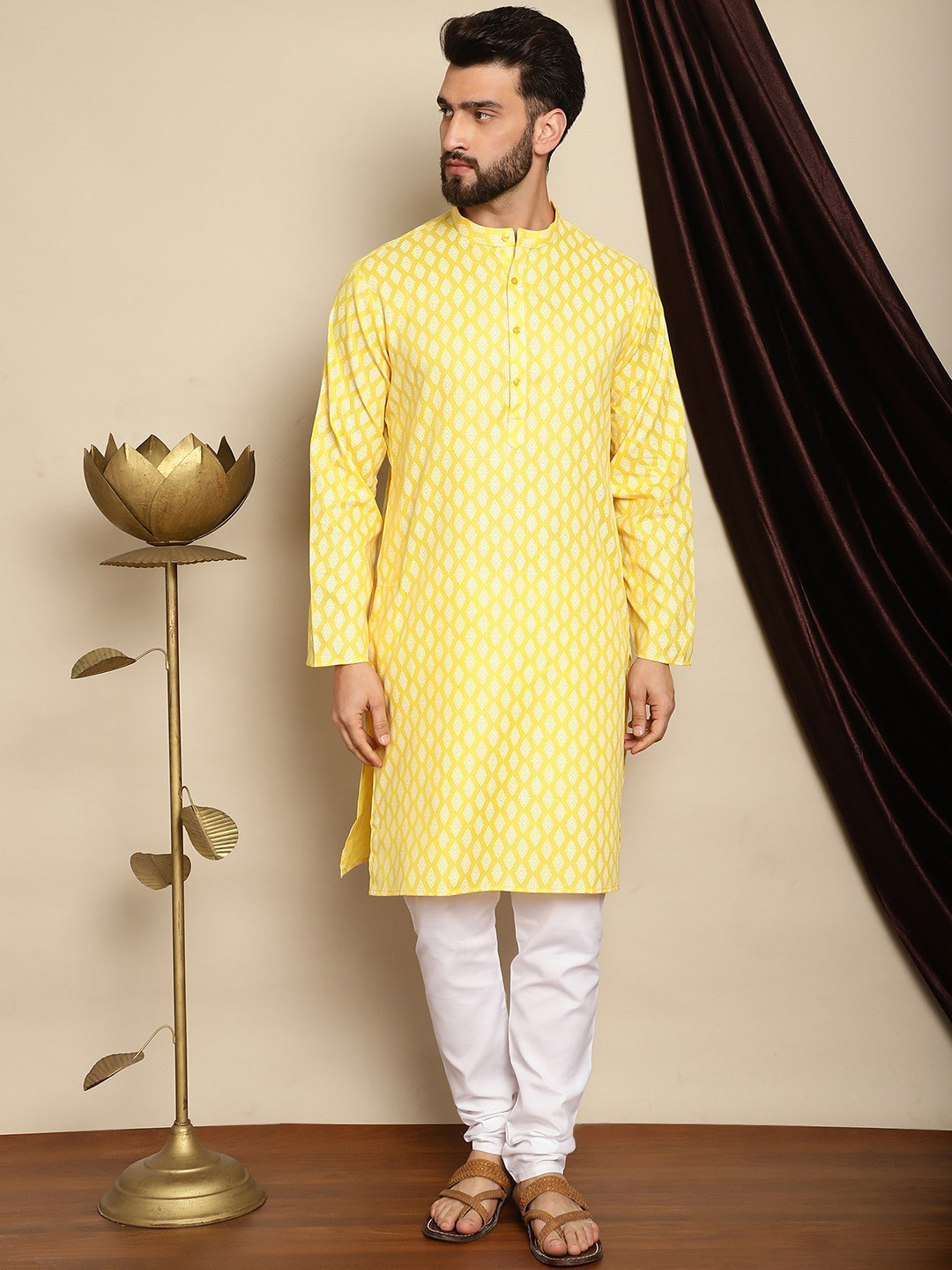 Anouk Yellow Mandarin Collar Ethnic Motifs Printed Straight Kurta with Pyjamas