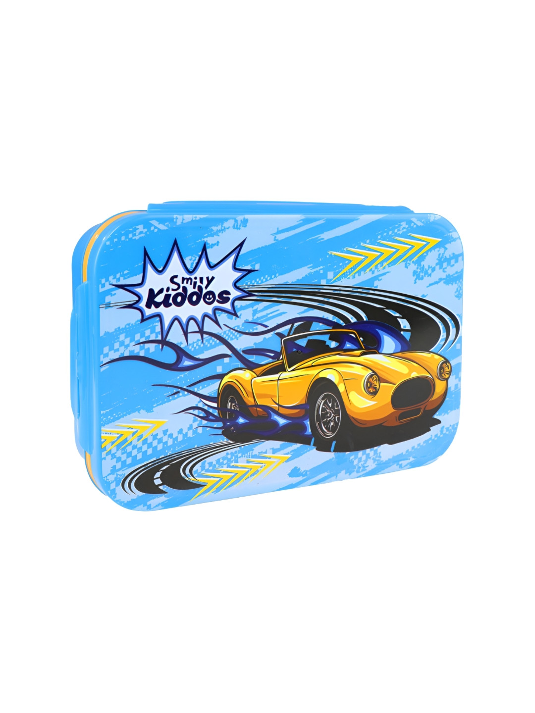 Smily Kiddos Race car theme Graphic Plastic Dishwasher Safe Lunch Box With Spoon and Fork