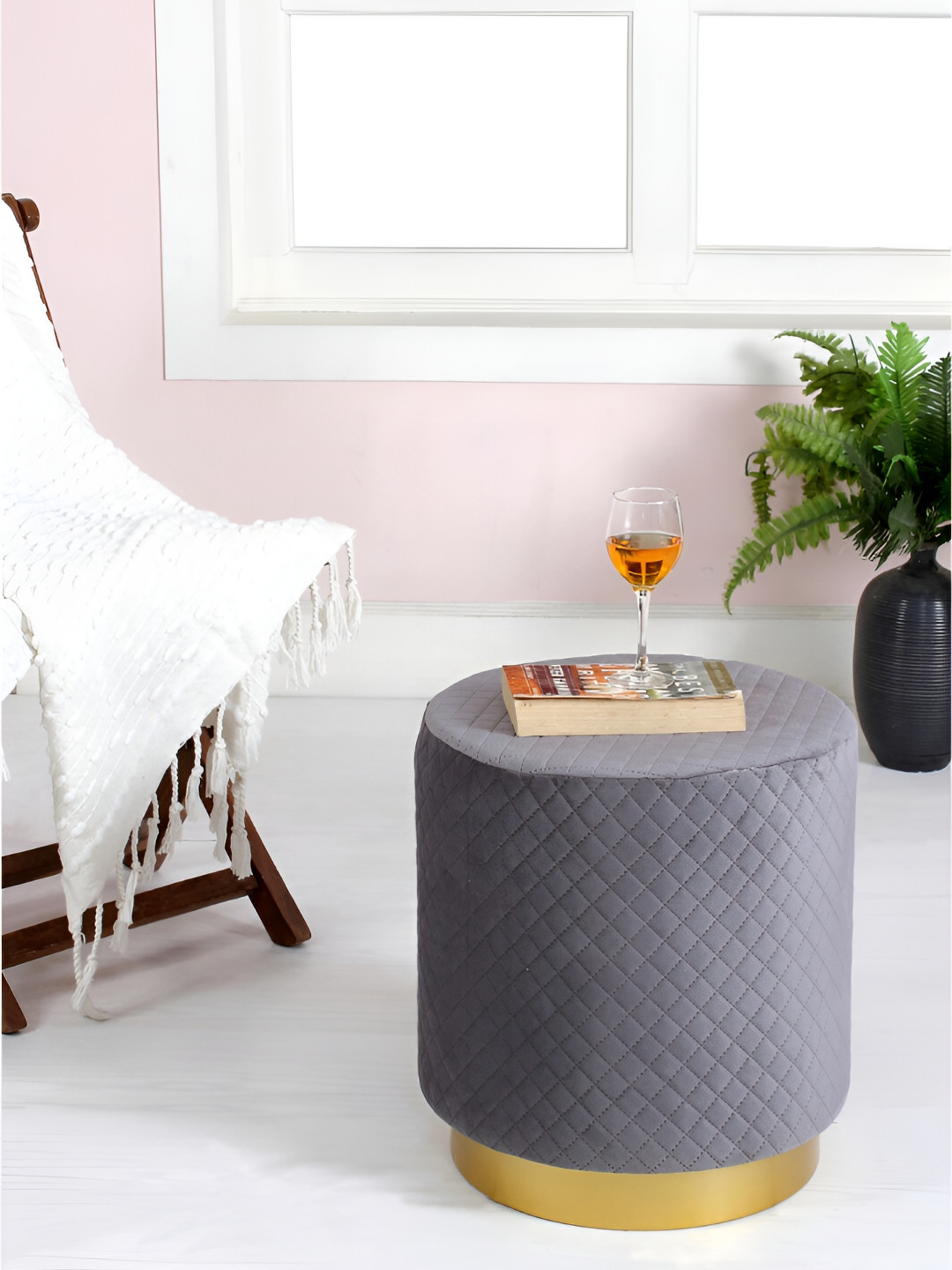 Shadowkart Grey & Beige Round Tufted Wooden Ottoman